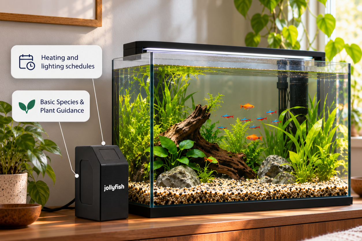 Freshwater aquarium with aquatic plants and fish, shown beside a black Jollyfish aquarium controller.