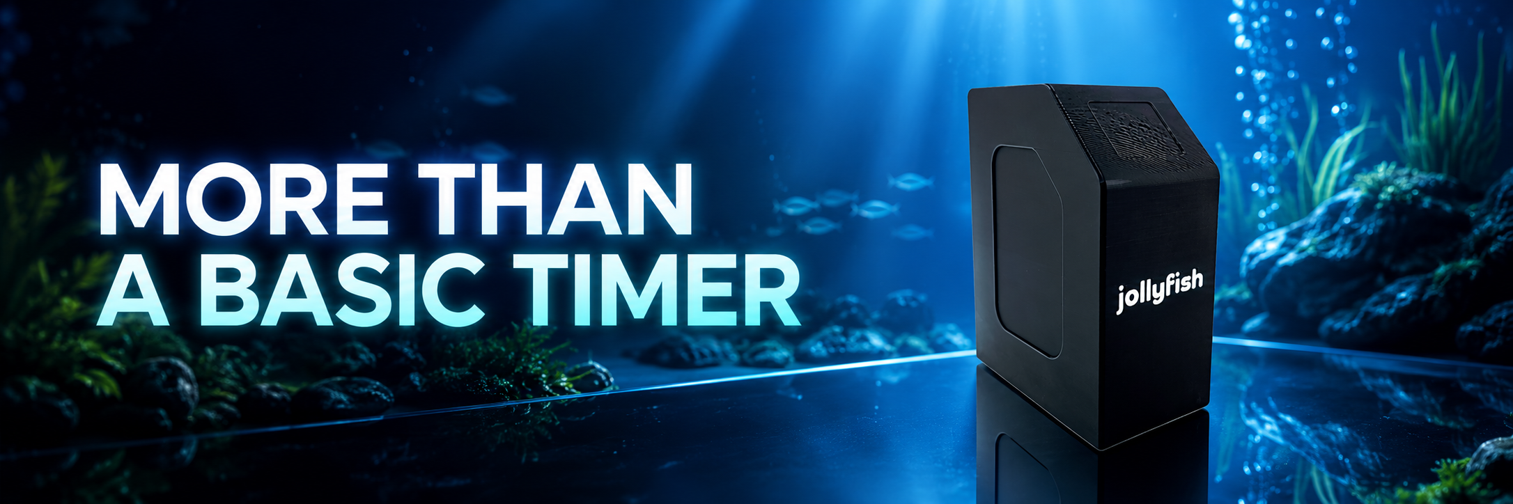 A black device with a small display screen and the brand name 'jollyfish' on it, set against an underwater background with rocks and aquatic plants, with text overlay reading 'More Than a Basic Timer.'