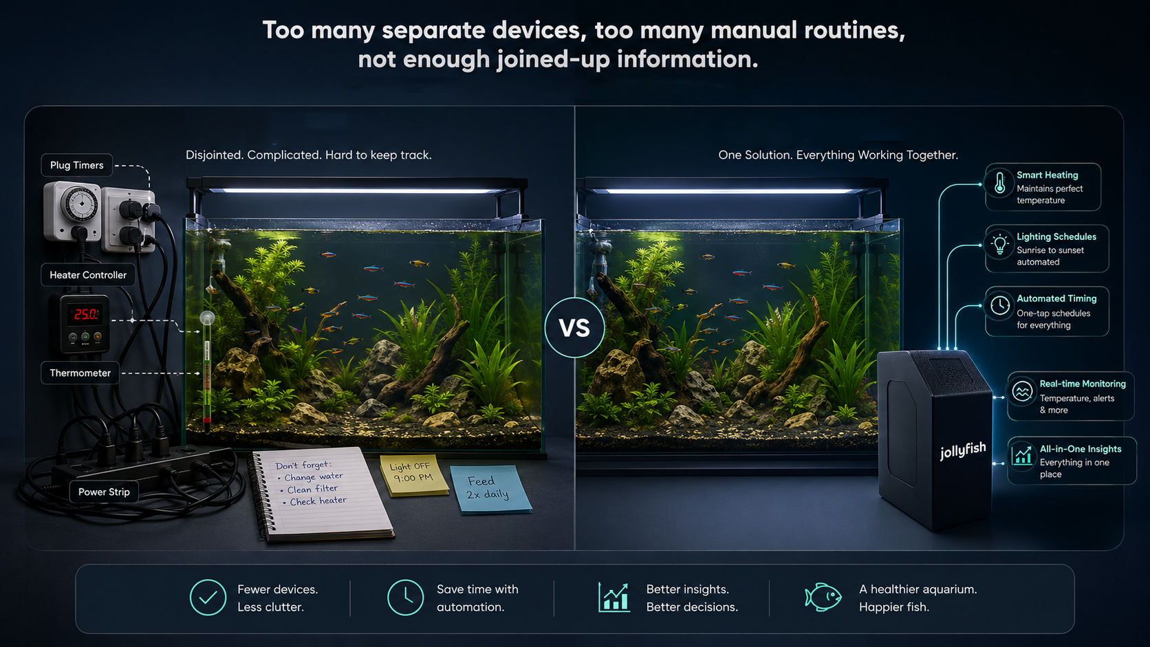 Comparison of traditional aquarium setup with multiple manual devices on the left and an automated integrated system on the right. The traditional setup includes plug timers, a heater controller, a thermometer, and power strips. The automated system features smart features like heating, lighting schedules, automated timing, real-time monitoring, and all-in-one insights, managed by a device labeled 'Jollyfish'.