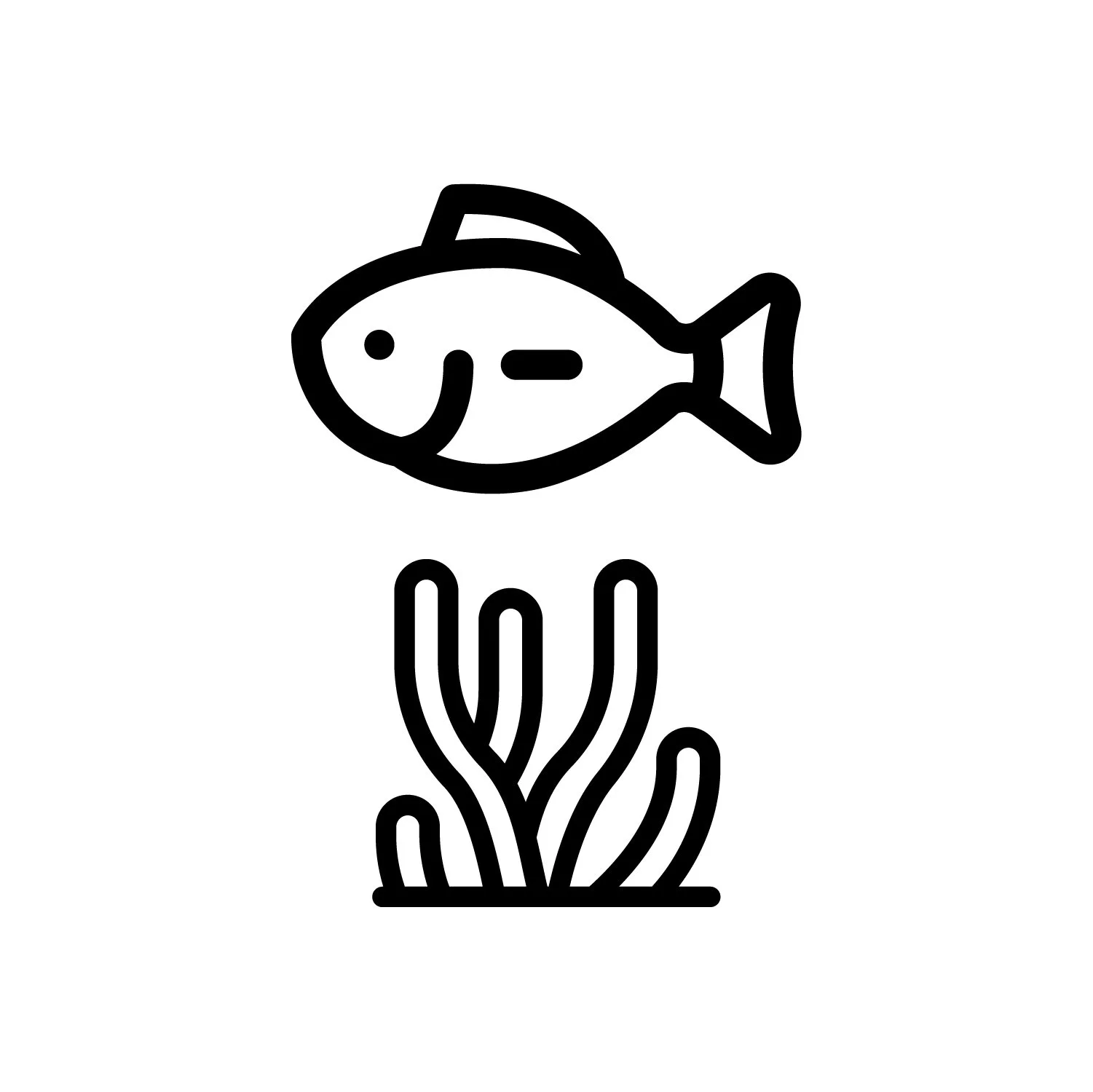 Line drawing of a fish swimming above seaweed or aquatic plants.