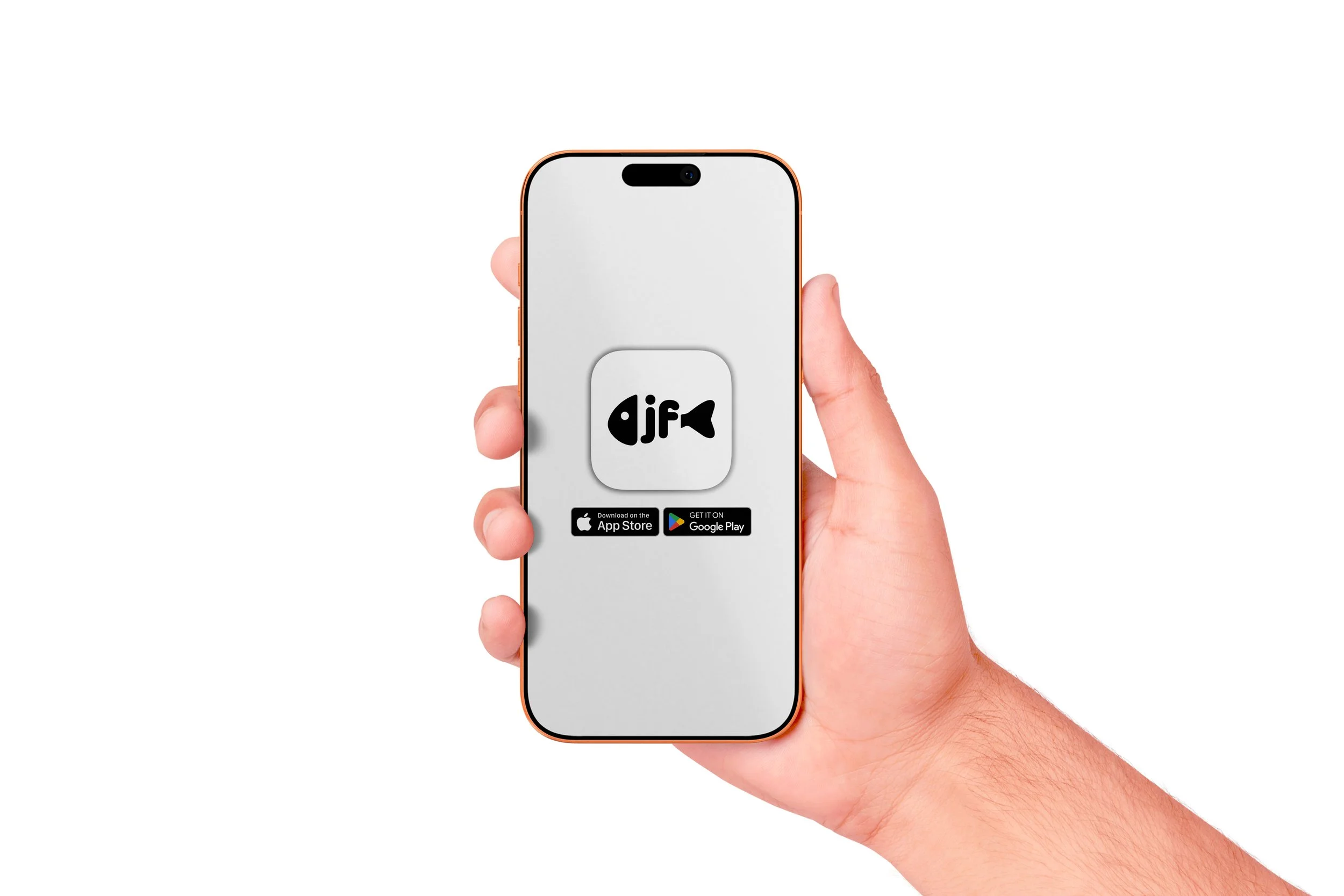 A hand holding a smartphone with the jollyfish icon on the screen and app download options at the bottom.