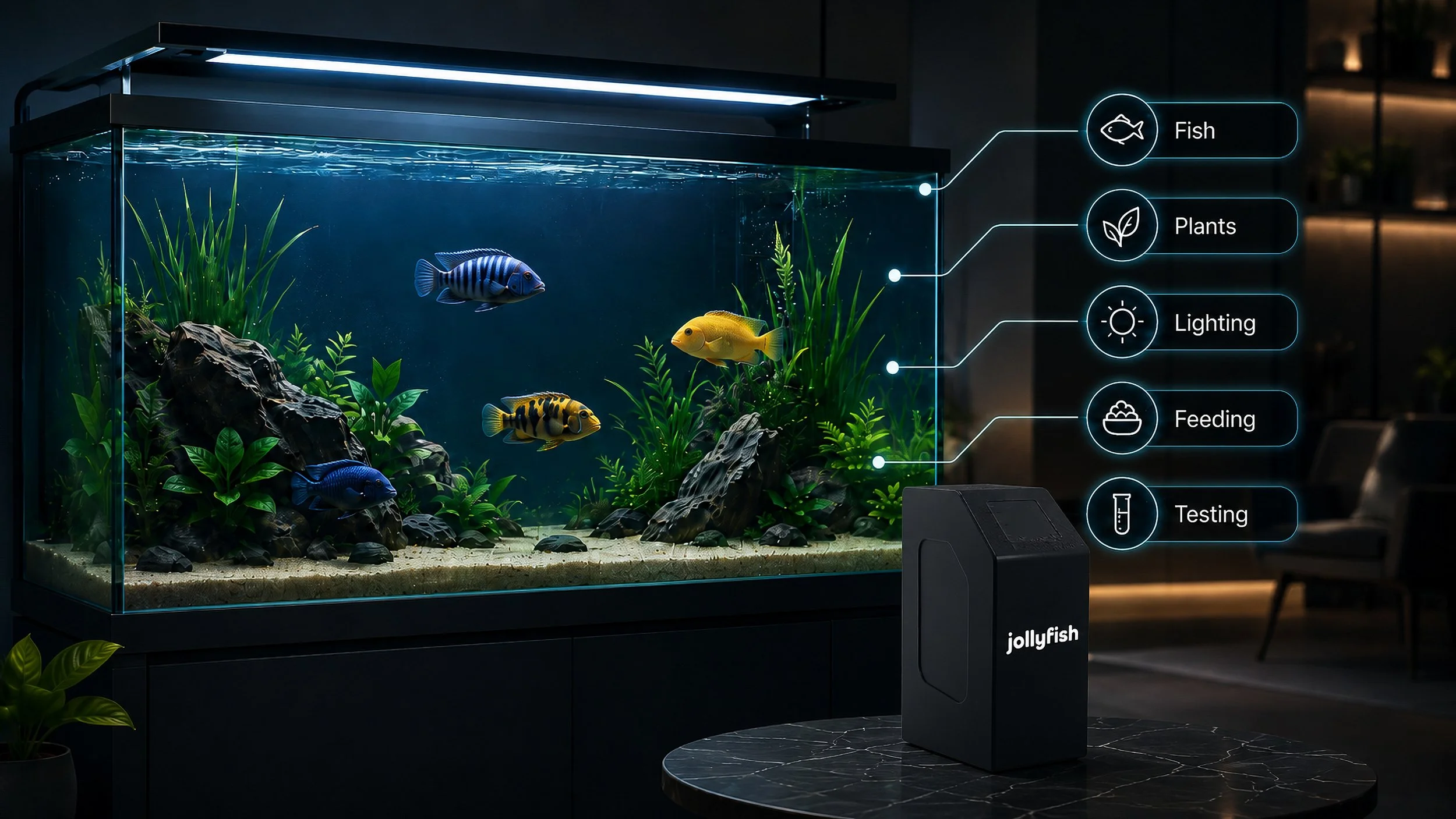 Aquarium with various fish and aquatic plants, with a digital overlay showing options for Fish, Plants, Lighting, Feeding, and Testing, by Jollyfish.