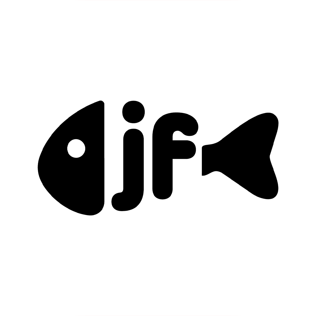 Black and white icon of a fish with the word 'jif' integrated into the fish shape.