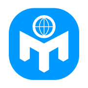 Logo with a stylized globe above an abstract shield or badge in blue and white.
