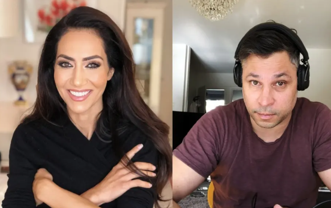 Split-screen image of a woman with long dark hair, smiling, on the left, and a man with short dark hair, wearing headphones, on the right, in an indoor setting.