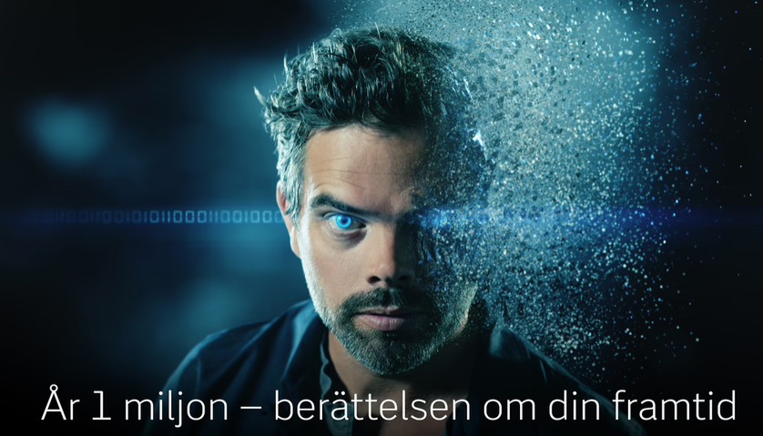 A man with intense blue eyes and a serious expression, with digital particles and a binary code background suggesting futuristic or tech themes.
