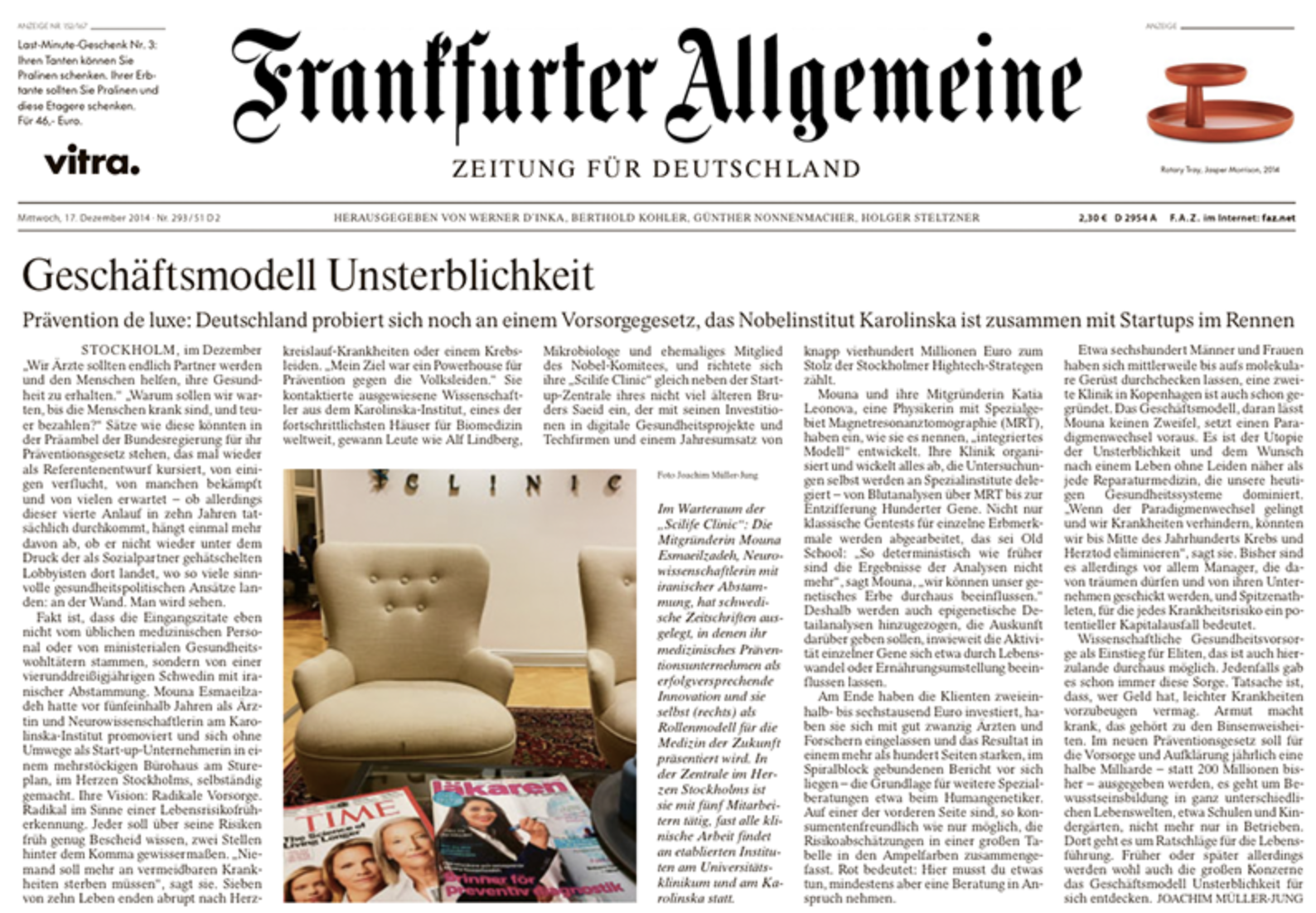 Front page of the Frankfurter Allgemeine newspaper, dated December 17, 2014, with headlines about business models and health research, featuring a photo of a beige armchair and a magazine. Esmaeilzadeh addressing a large audience on brain rights and
