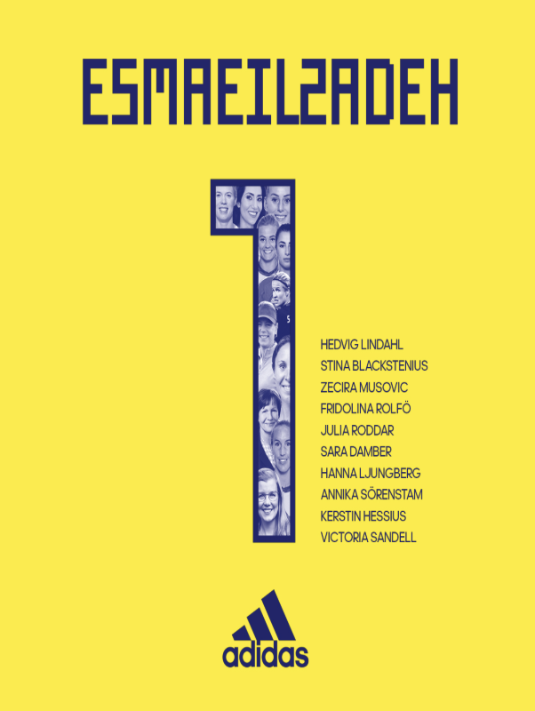 Bright yellow poster with the title 'ESMAIILDENH' written upside down at the top in bold blue letters. A large blue number one filled with black and white photos of various smiling women in the center. To the right of the number, a list of people’s names in black text. At the bottom, the Adidas logo in blue.