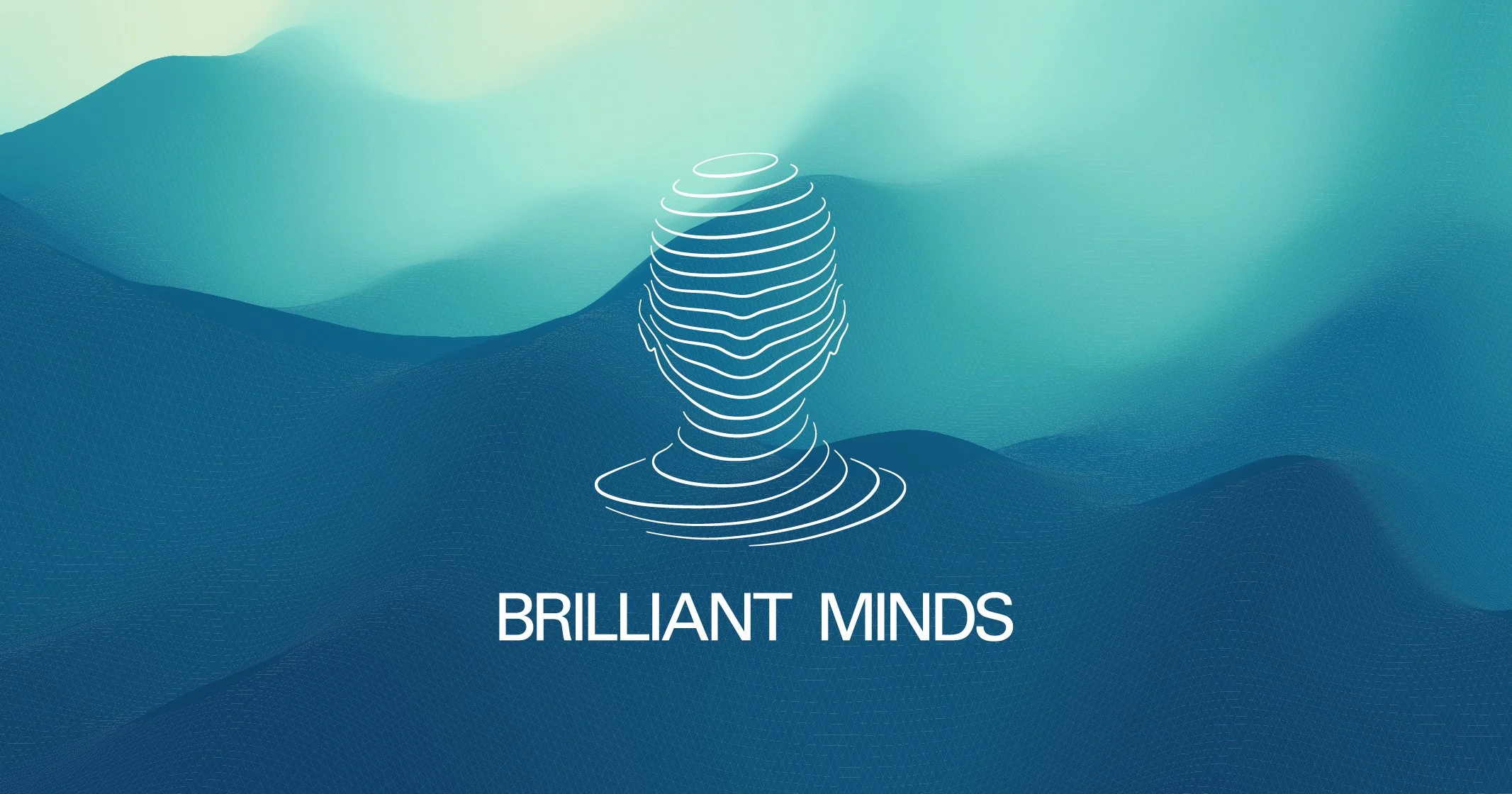 Abstract digital illustration of a human head made of white contour lines against a blue and green gradient mountainous background, with the text 'BRILLIANT MINDS' below.