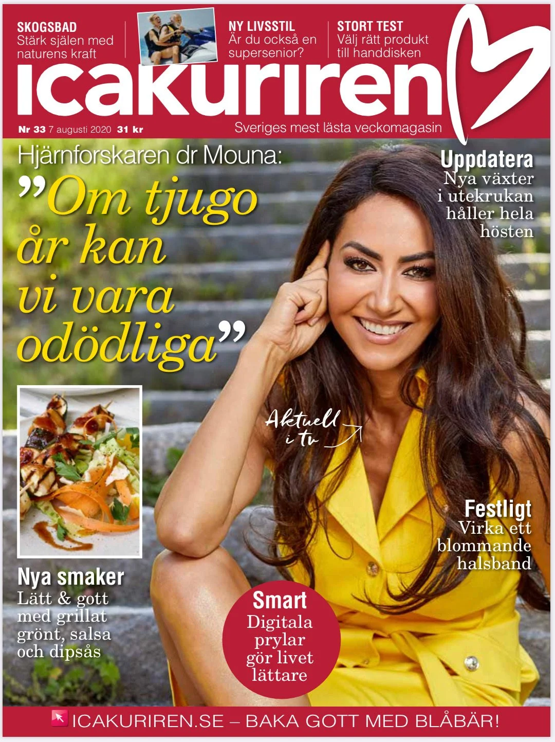 The cover of a Swedish magazine named 'Icakuren,' featuring a woman smiling sitting outdoors. The cover includes headlines about health, lifestyle, gardening, and food, with some text in Swedish.