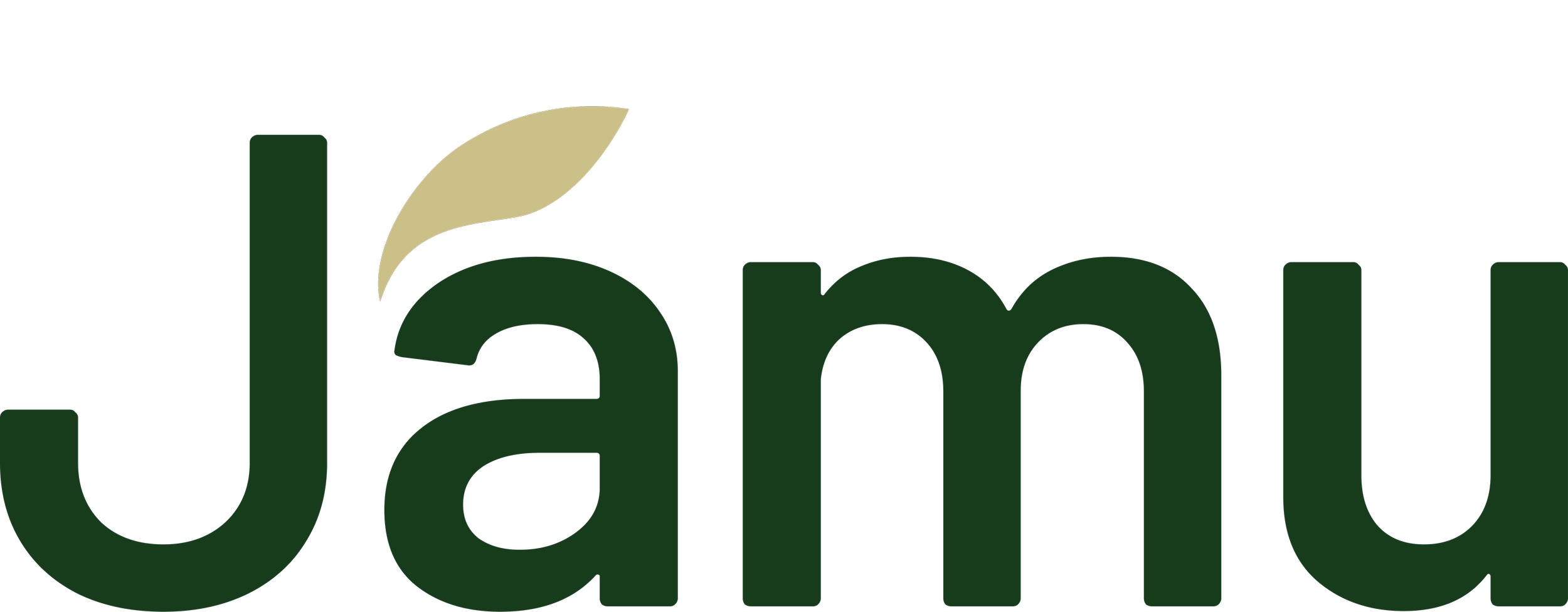 Brand text logo that shows the full brand name. Jamu with the accented leaf around the letter A