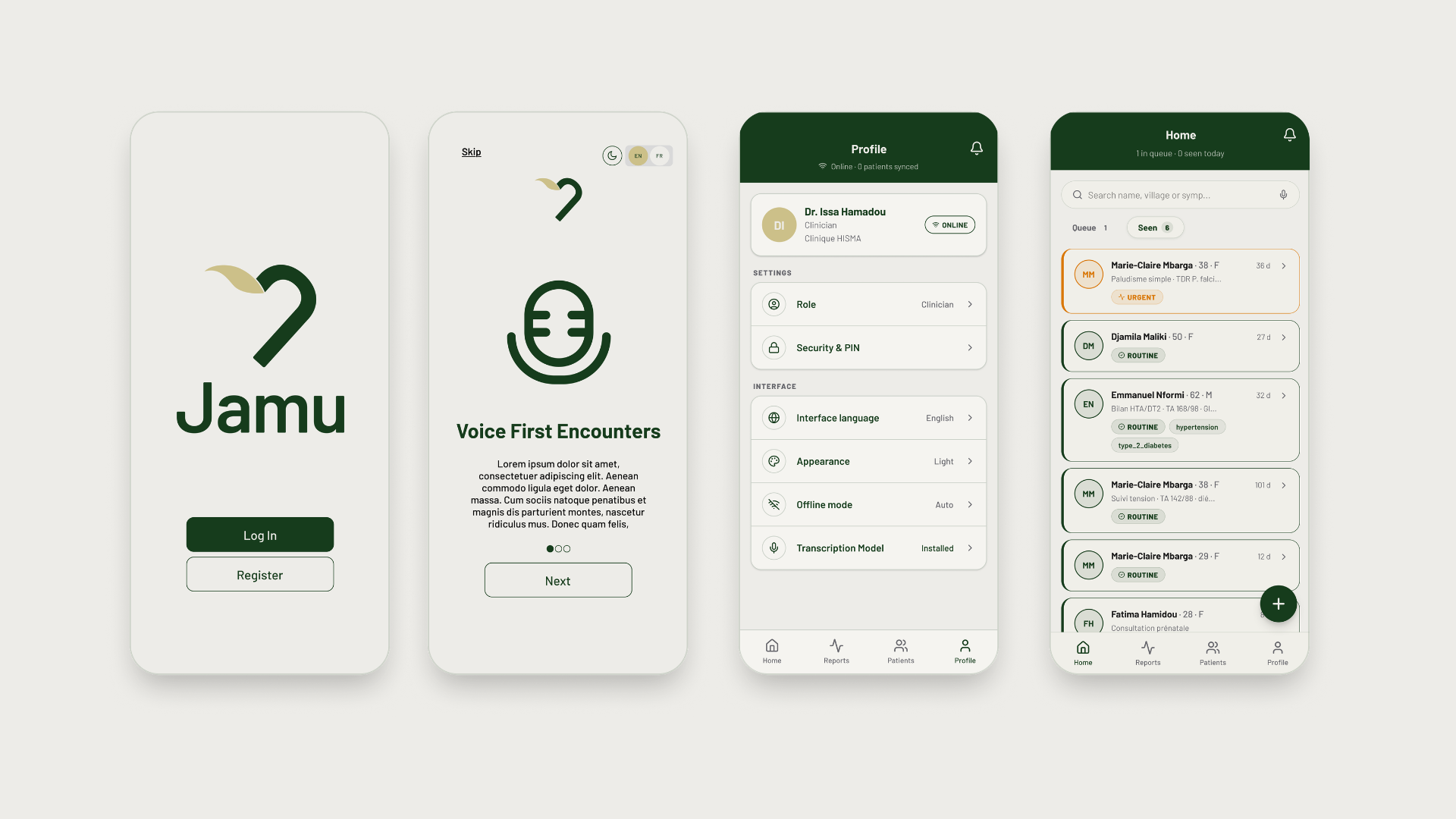 Shows fours phone screen next to each other, presenting the jamu brand identity.