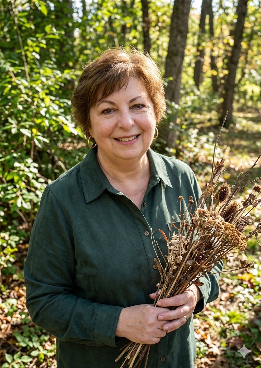 A woman smiling outdoors in a wooded area, holding a bouquet of dried wildflowers.