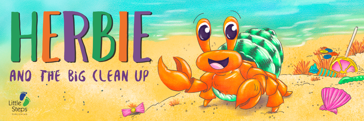 Herbie and the Big Clean Up illustrated banner with hermit crab on beach