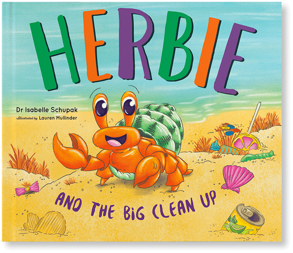 Herbie and the Big Clean Up children's book cover featuring a hermit crab on a beach