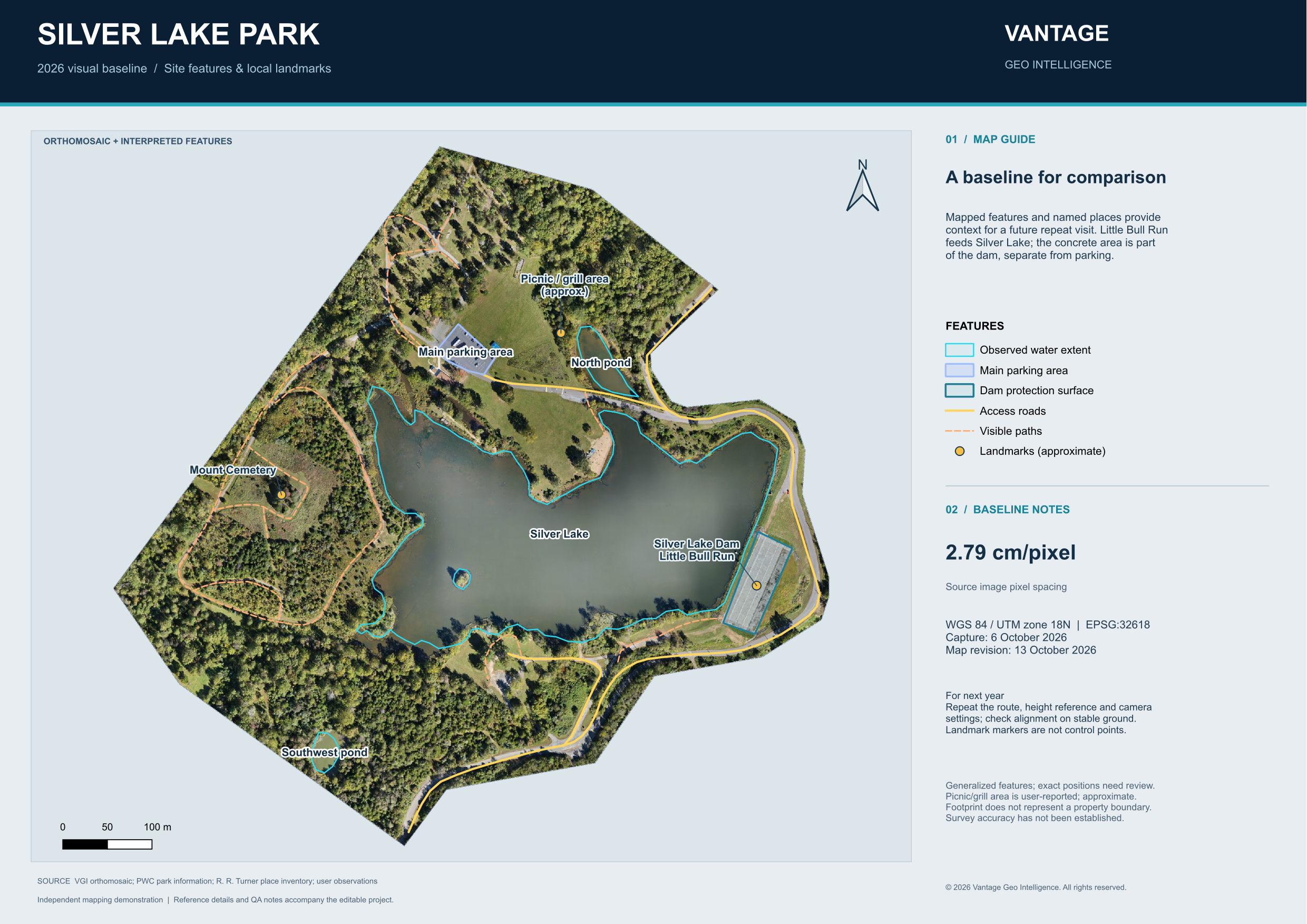 Aerial map of Silver Lake Park on a soft blue-gray background, with water, access roads, visible paths, parking, the dam surface, and labeled markers for Mount Cemetery and an approximate picnic/grill area.