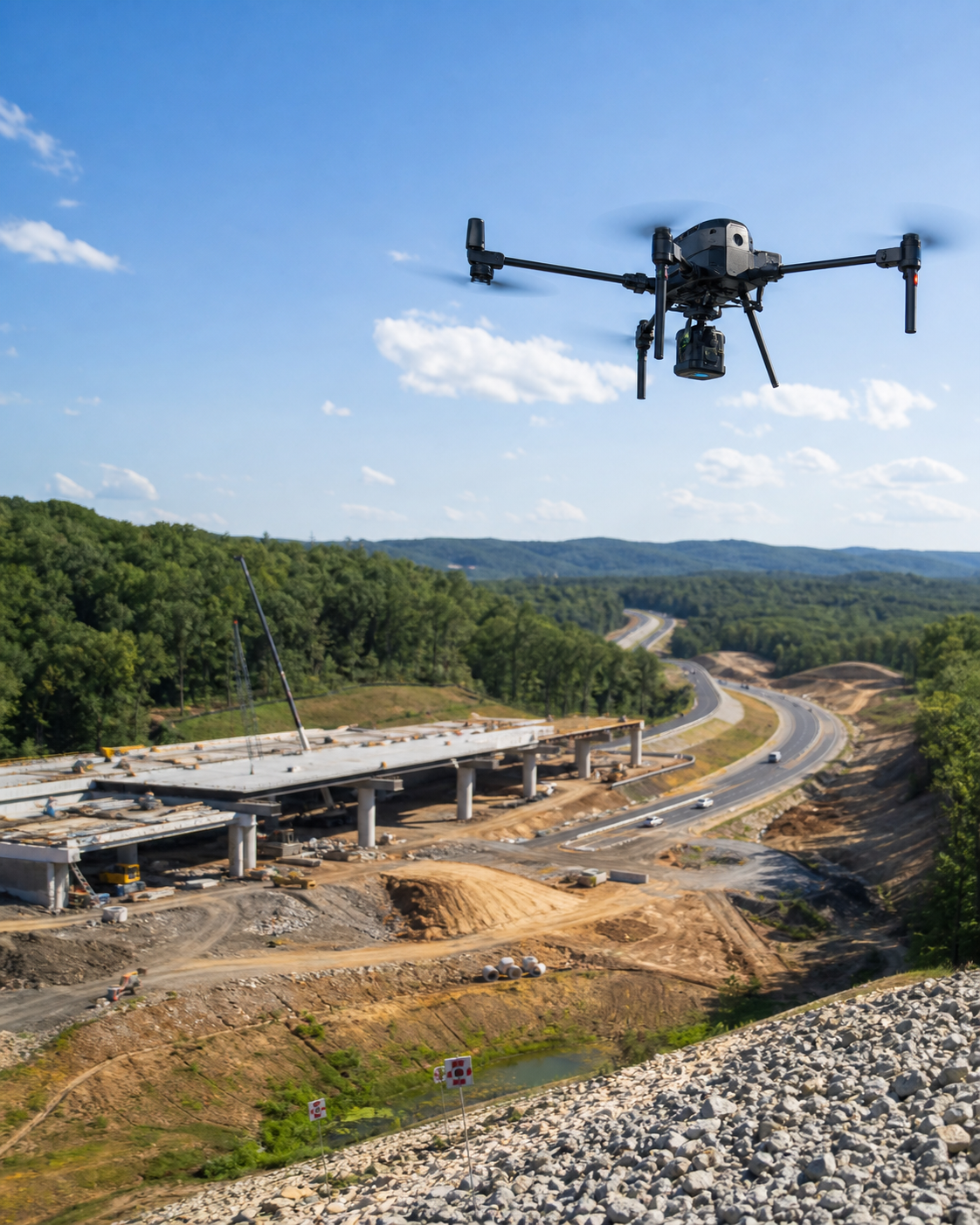 Professional survey drone over a bridge and highway construction project