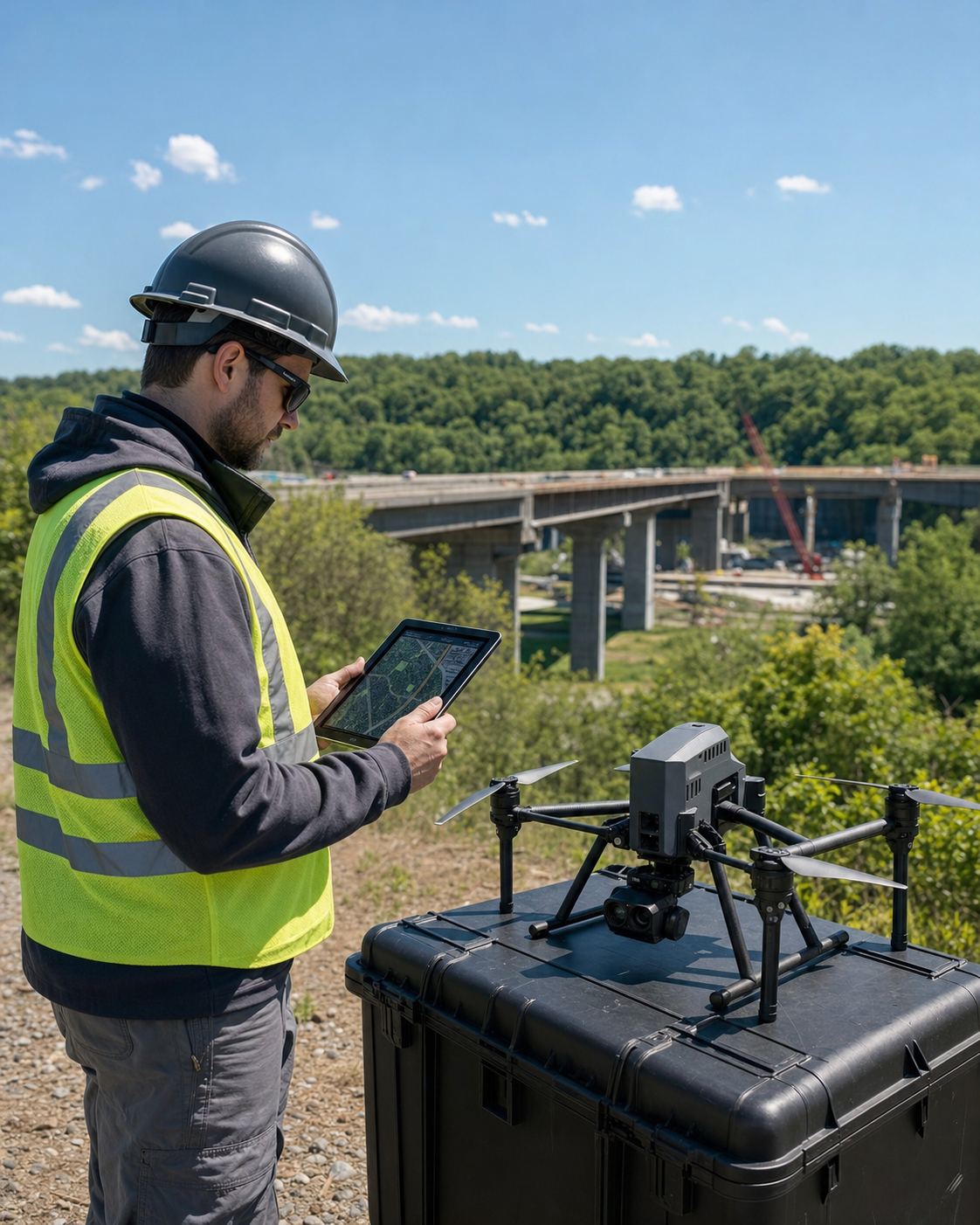 Drone mapping professional preparing for a bridge construction survey