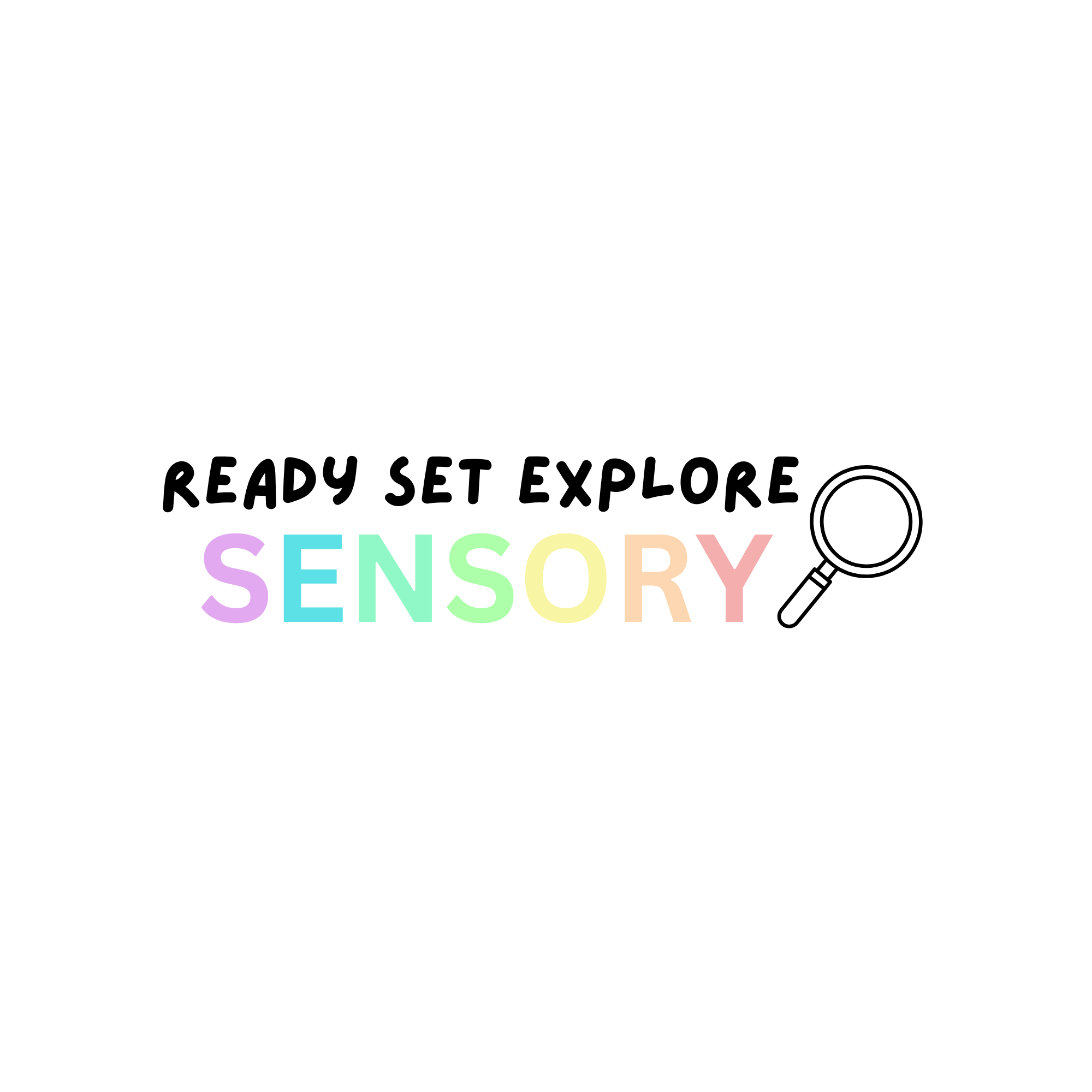 Colorful text saying "Ready Set Explore Sensory" with a magnifying glass icon.