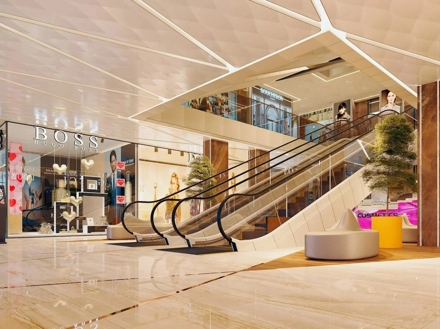 Inside a modern shopping mall with a glass storefront selling Hugo Boss products, an escalator, a seating area with a curved bench, and large advertising posters of models and cosmetics.