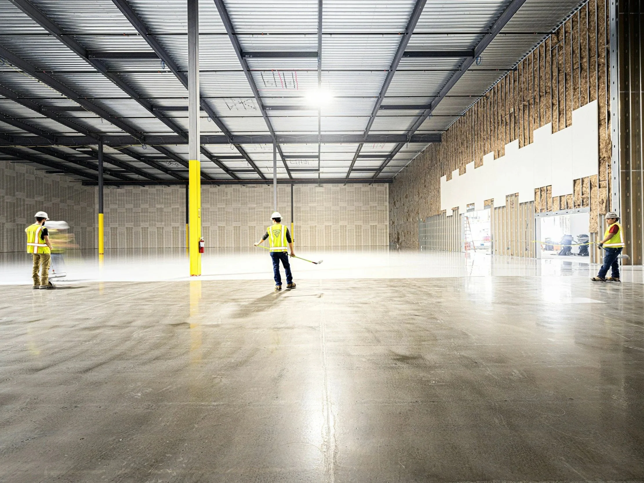 Construction workers in hard hats and reflective vests spreading polished concrete in a large indoor space with unfinished walls and a metal ceiling.