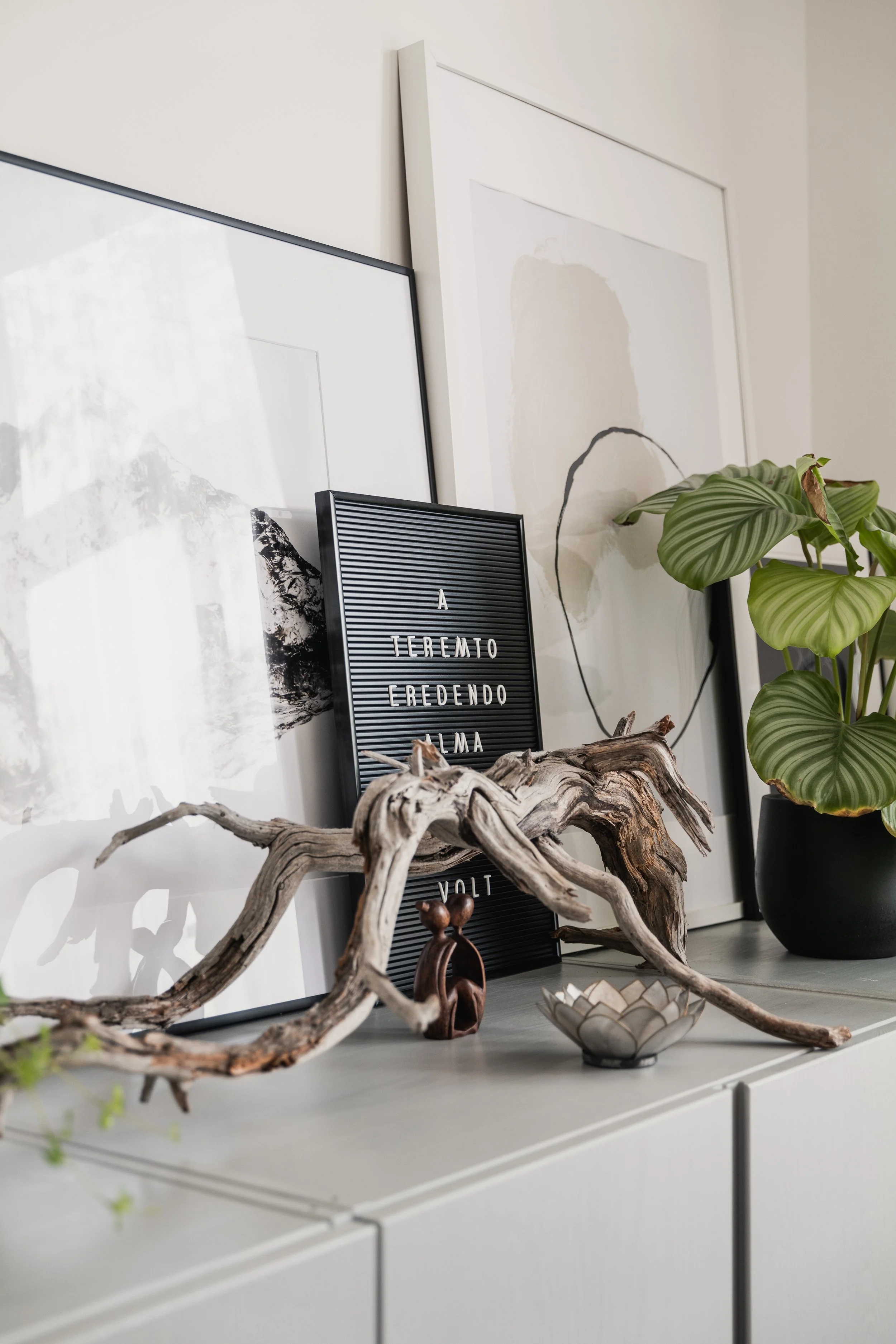 Decorative display on a white cabinet includes a small black letter board with the message "A TERREMOTO ERREDENDO ALMA VOLT," a piece of driftwood, a small wooden figure, a lotus-shaped candle holder, and a potted plant with large green leaves. Behin