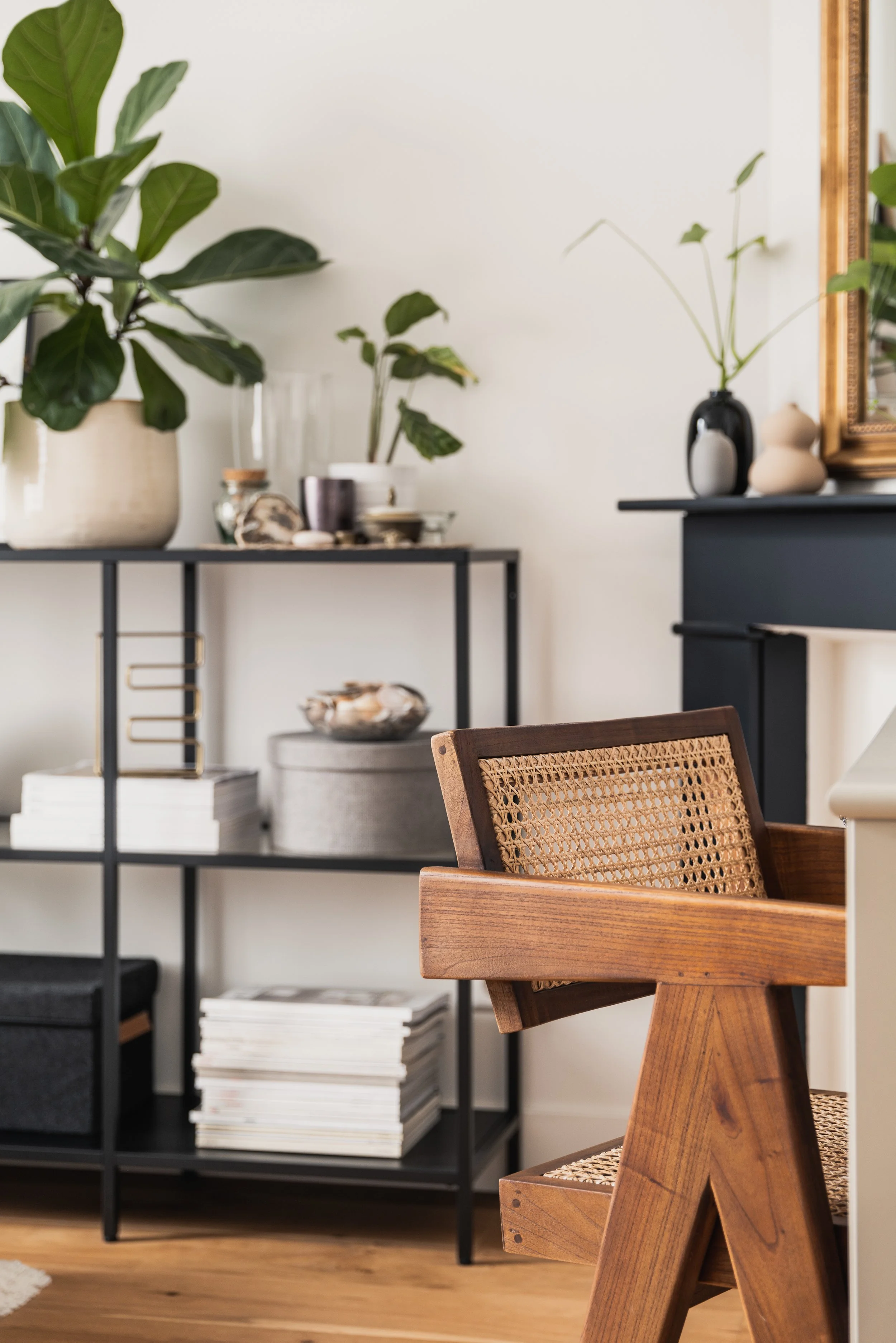 A living room corner featuring a wooden chair with woven cane backrest and a black metal and glass bookshelf decorated with plants, books, and decorative items.