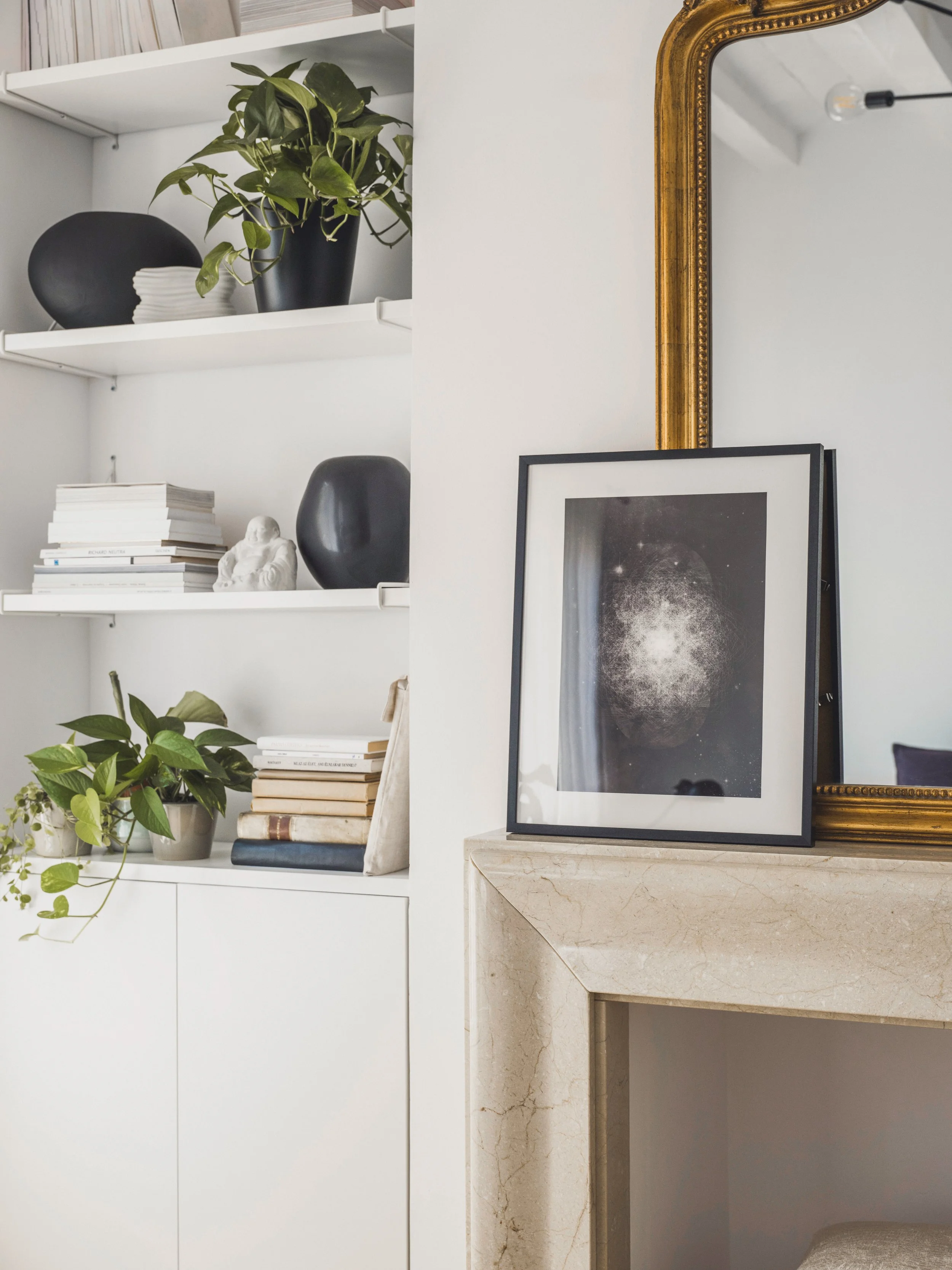 Interior of a room with white shelves holding books, a potted plant, a black vase, a small sculpture, and framed artwork, with a beige marble fireplace and a mirror.