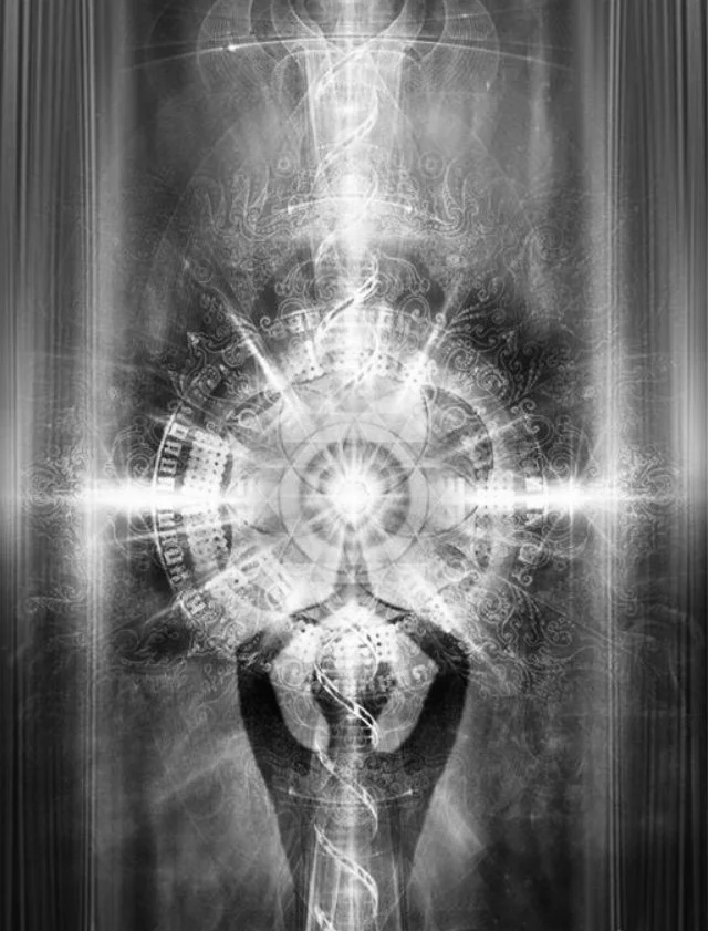 A monochrome digital artwork of a human head with a bright, glowing, intricate circular pattern resembling a clock or gear inside the skull. Light rays radiate outward, and abstract swirling lines extend above and below the head.