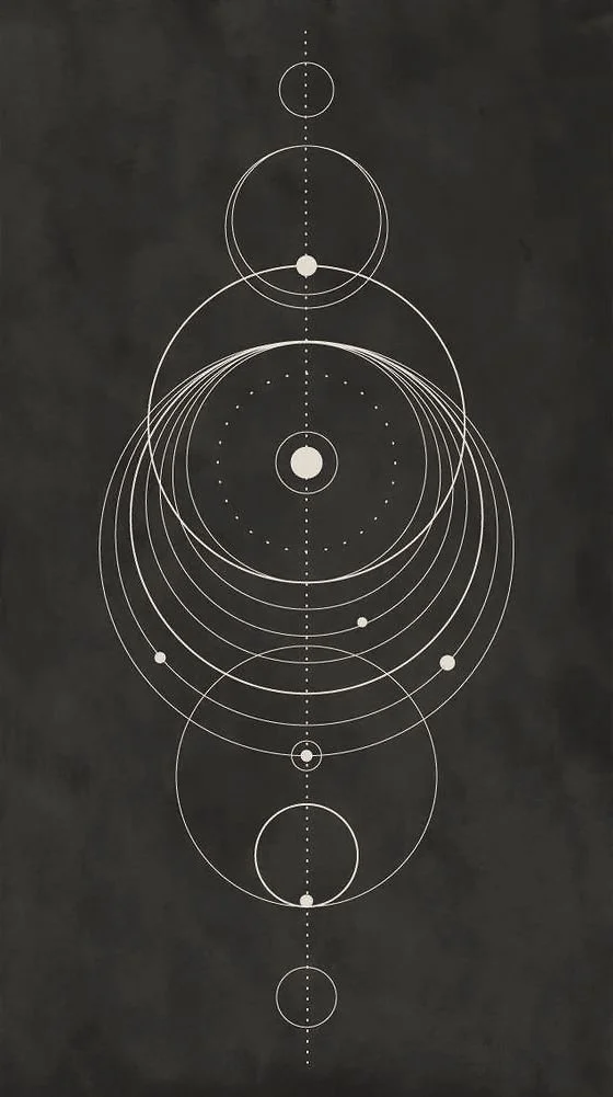 A black background with white geometric circles and lines representing a solar system map or orbital diagram.