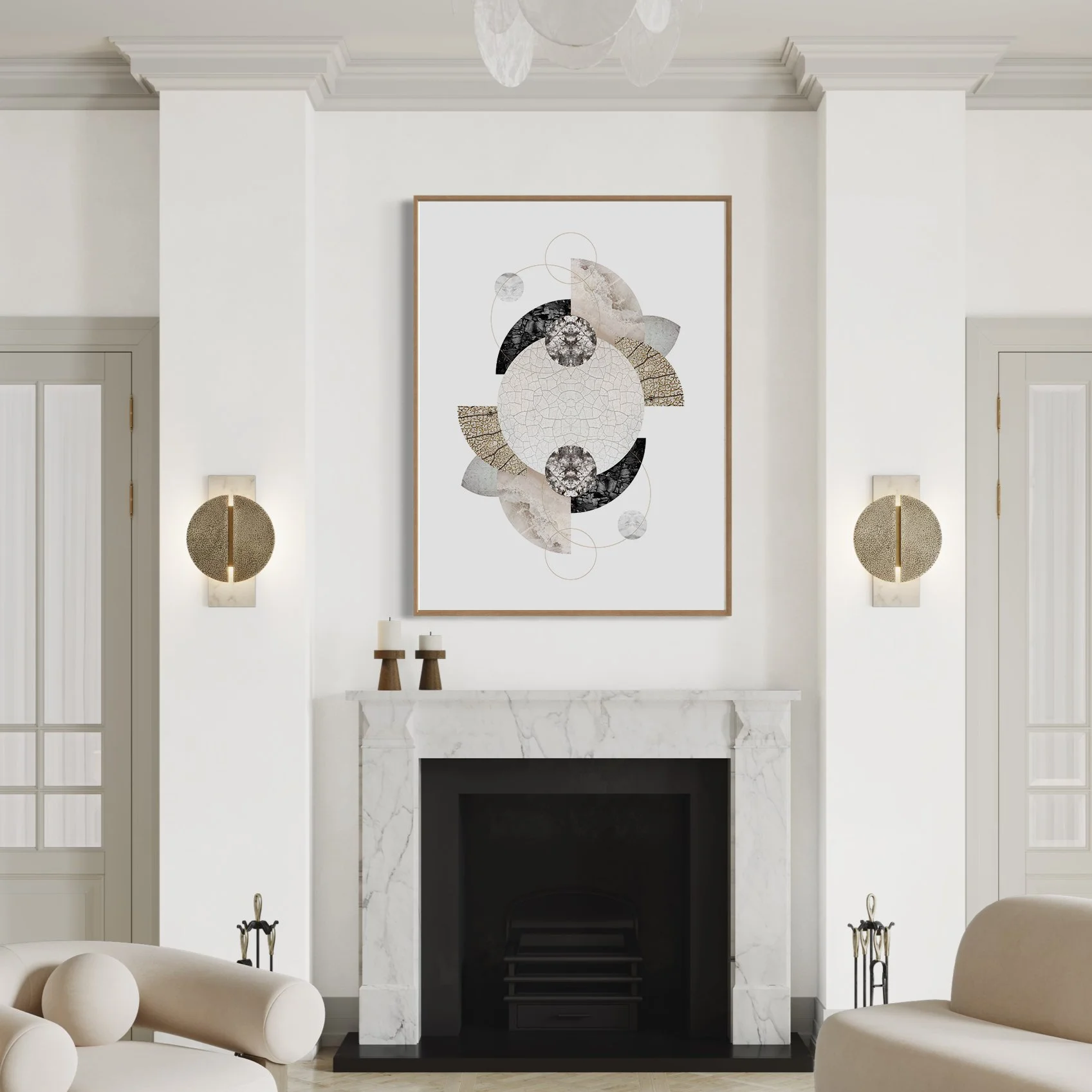 Modern living room interior with white walls, a white marble fireplace, minimalist cream-colored furniture, symmetrical wall sconces, and abstract artwork above the fireplace.