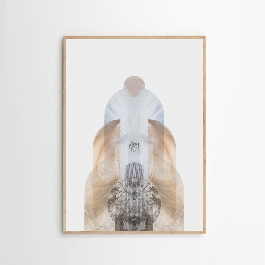 Abstract digital art piece featuring symmetrical layered shapes resembling a face, using soft earthy and neutral tones on a white background.