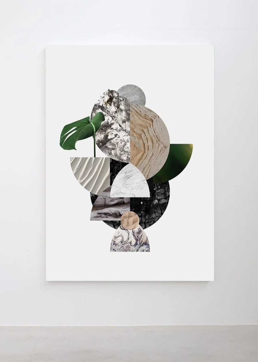 Abstract artwork mixed media collage with geometric shapes, natural textures, and a green leaf on a white background.