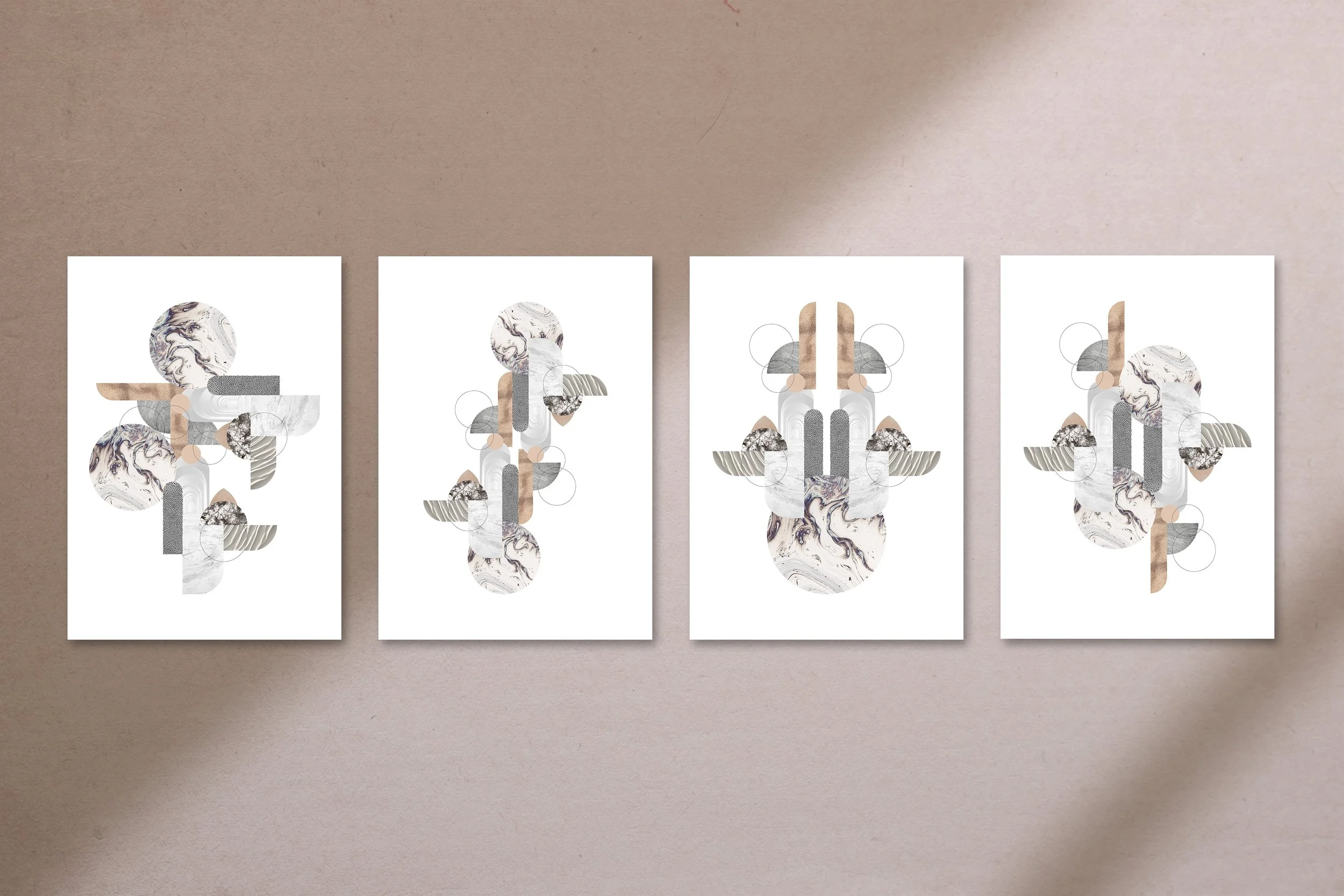 A set of four abstract art prints featuring geometric shapes, marble textures, and neutral colors arranged on a beige wall.
