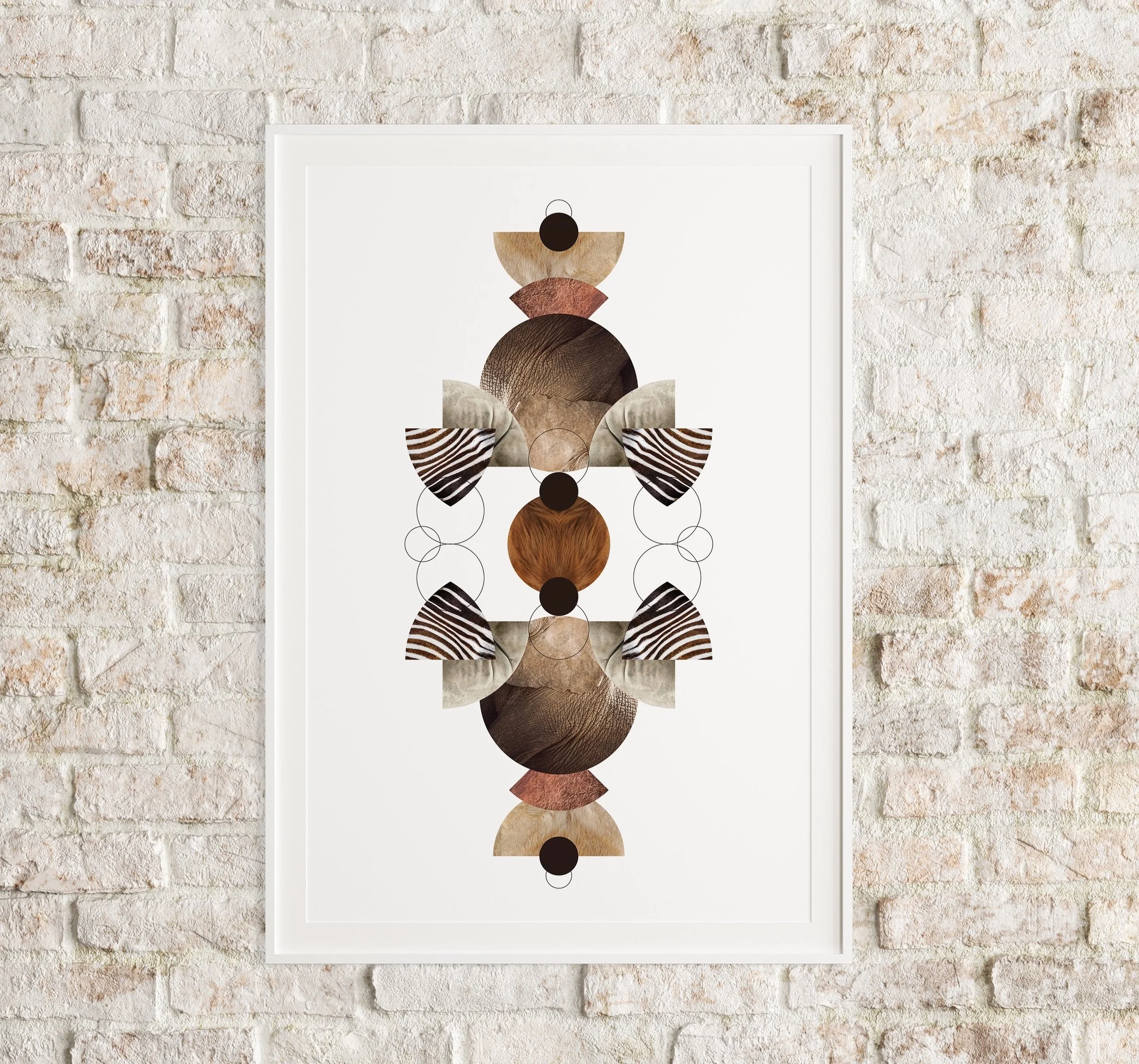 Abstract art piece with various geometric shapes and textures in earthy tones, arranged symmetrically on a white background, hanging on a white brick wall.