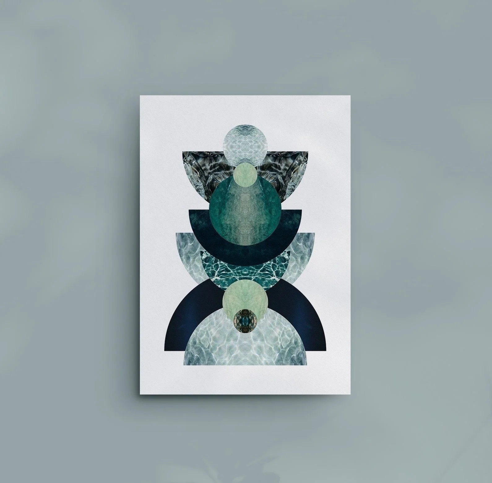 Abstract geometric collage with circular and semi-circular shapes in shades of green, blue, black, and textured patterns on a white background.