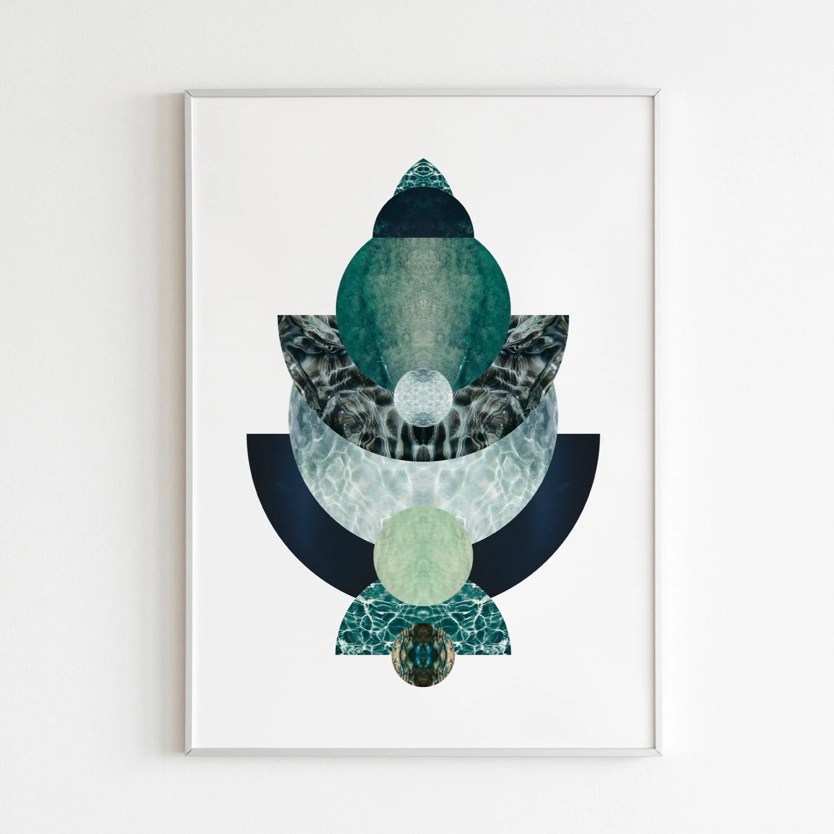 Abstract geometric collage art with circular and semi-circular shapes in blue, green, black, and marbled textures, arranged vertically on a white background.