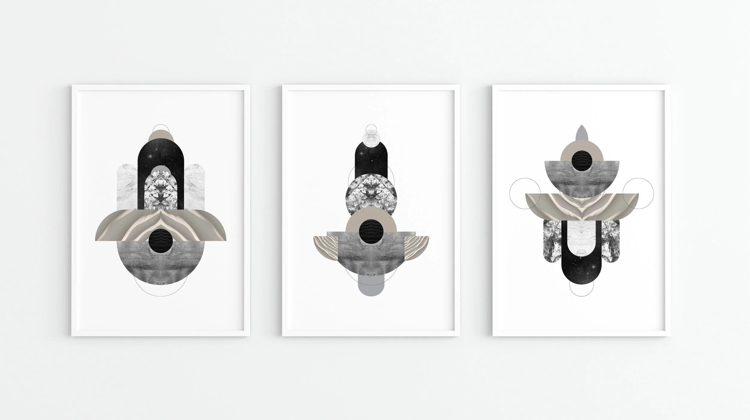 Triptych of abstract black, white, and gray geometric art pieces with symmetrical shapes and textures on white background.