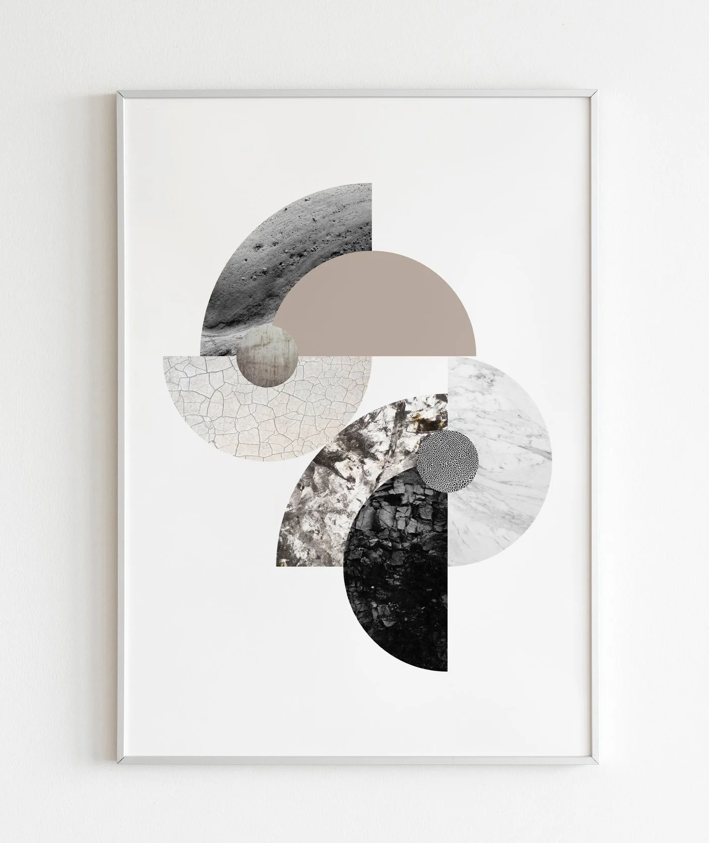 Abstract art print featuring overlapping semi-circles and circles in black, white, gray, beige, with textures like marble, stone, cracked earth, and gravel.