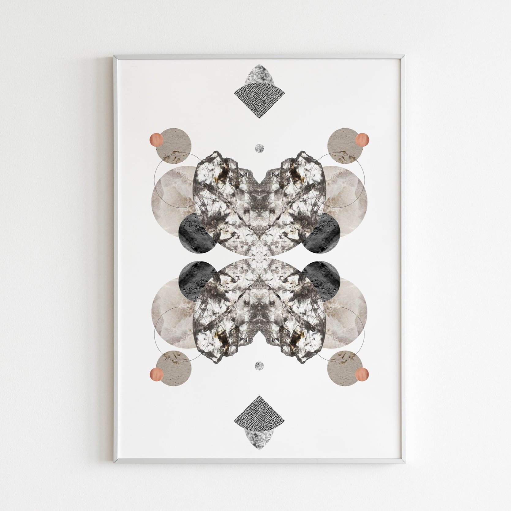 Abstract geometric artwork featuring symmetrical arrangement of black, gray, beige, and peach-colored circles and textured shapes on a white background.