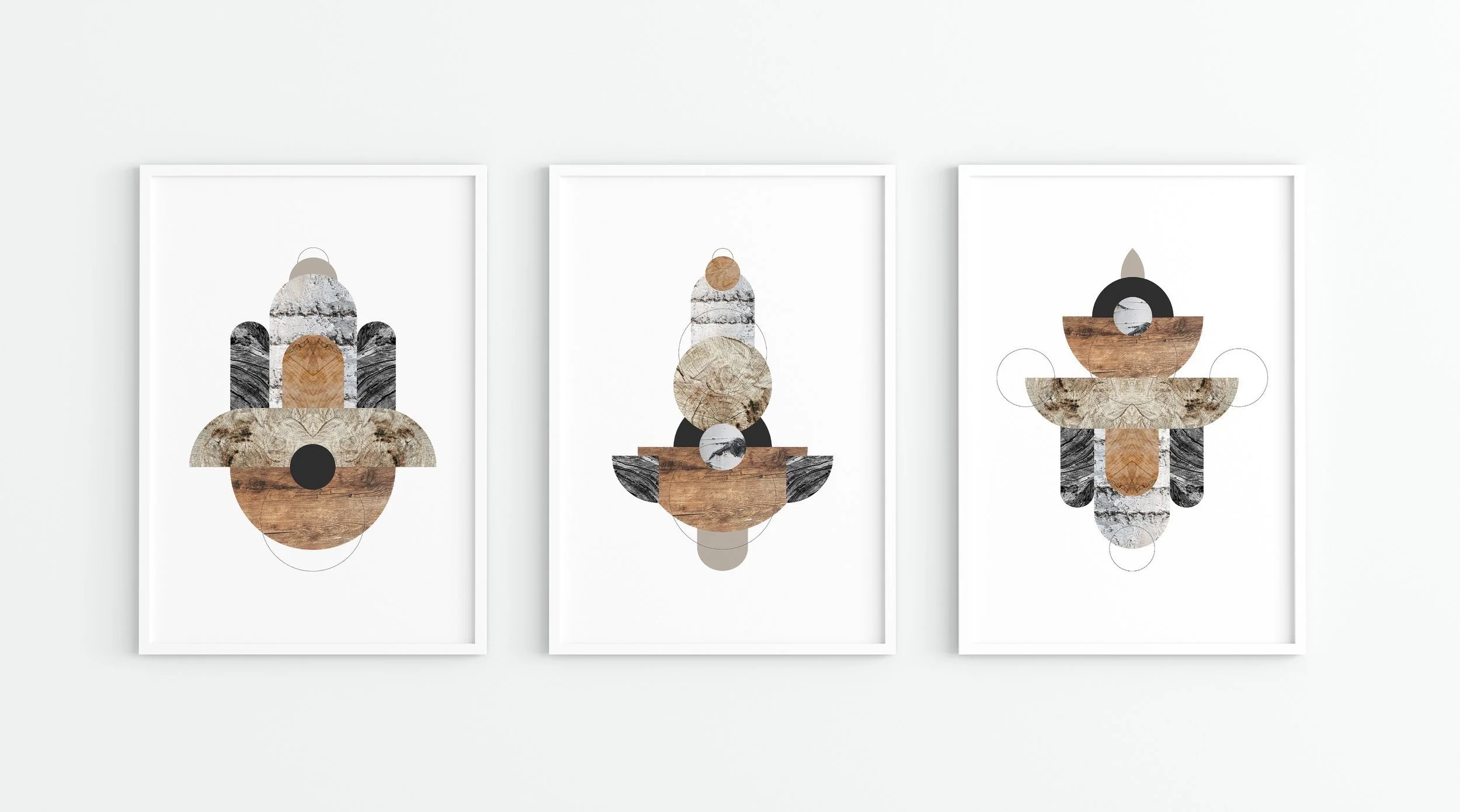 Triptych of abstract art prints with geometric shapes and wood textures in white frames.