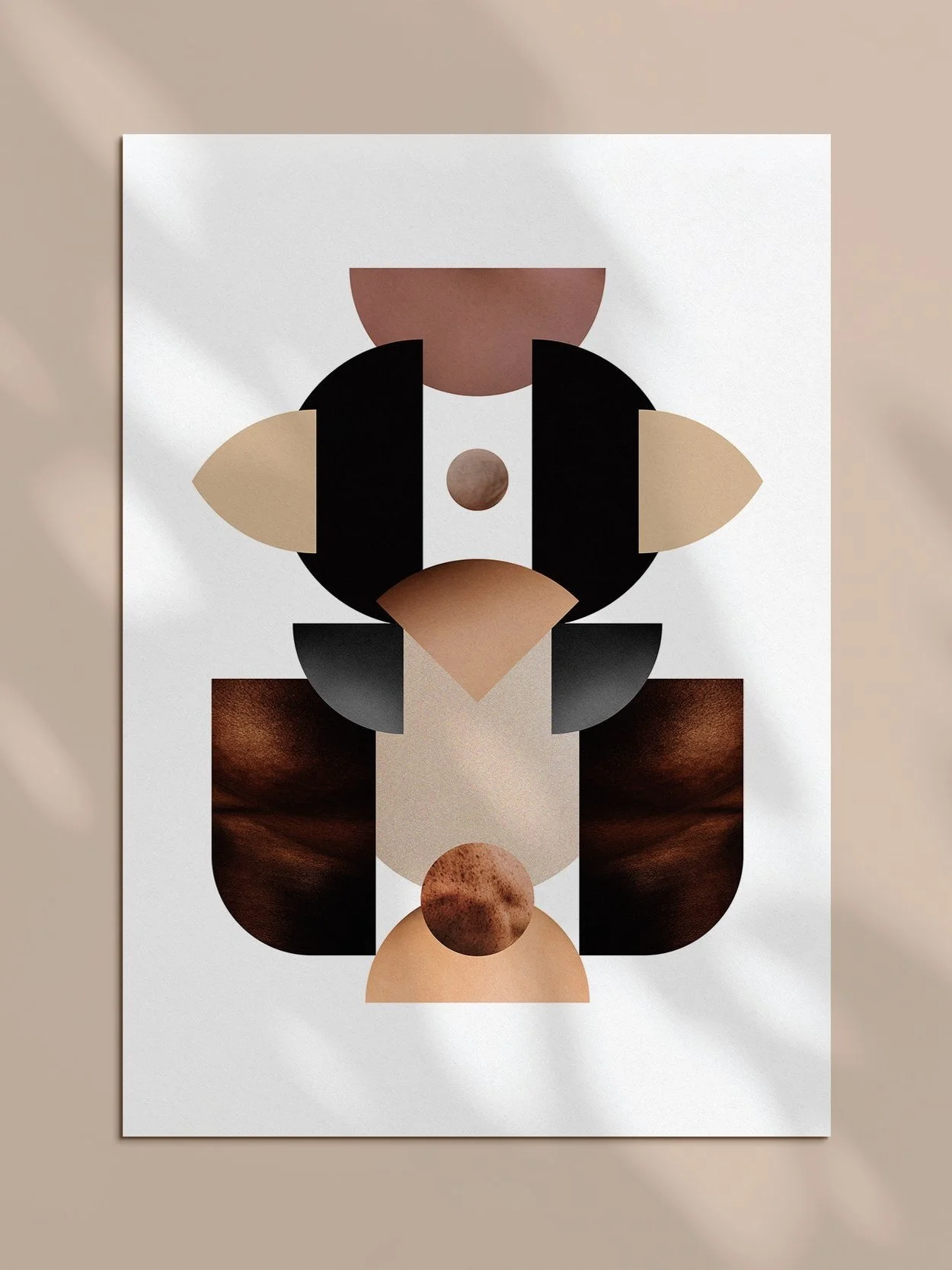 Abstract geometric artwork with various shapes and earthy tones on a white background.