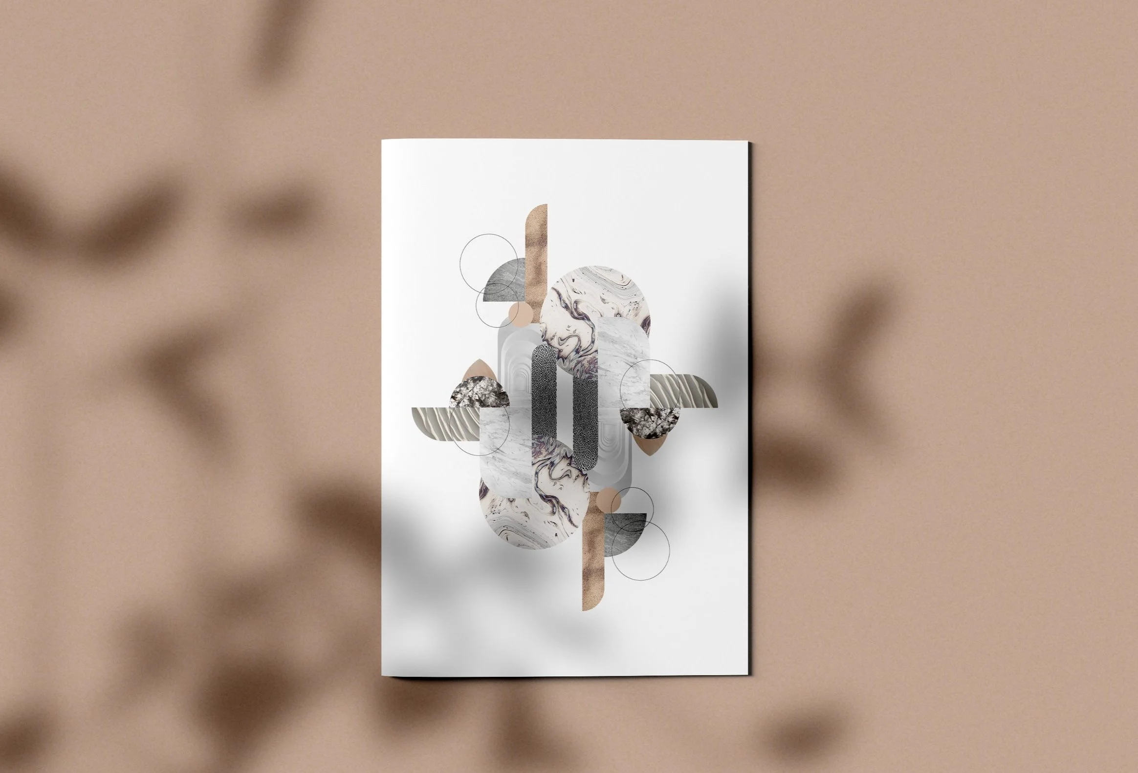 Abstract modern art piece with geometric shapes, marble textures, and earthy tones, mounted on a beige wall.