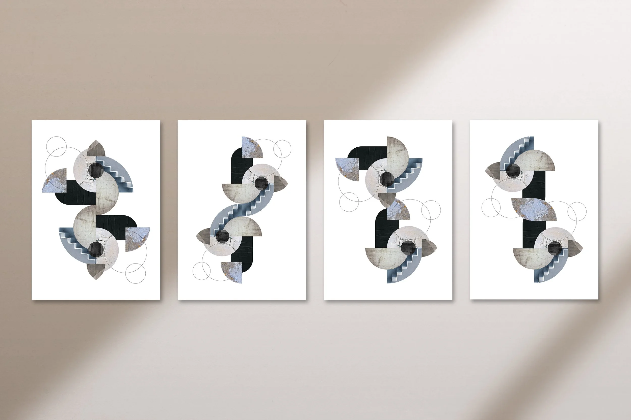 A set of four abstract wall art pieces featuring geometric shapes, stairs, circles, and various textures, arranged in a row on a light-colored wall.