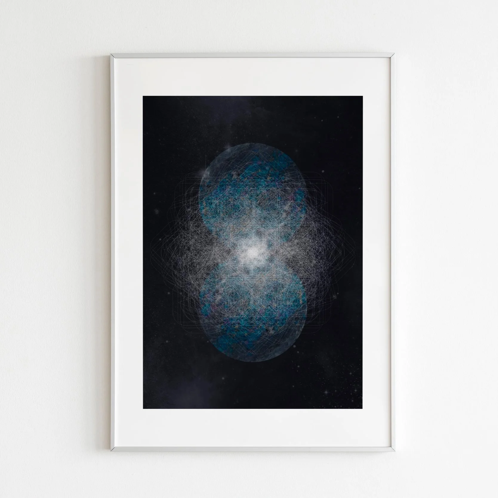 Framed artwork of interconnected blue and white geometric patterns resembling planets or orbits against a space background.