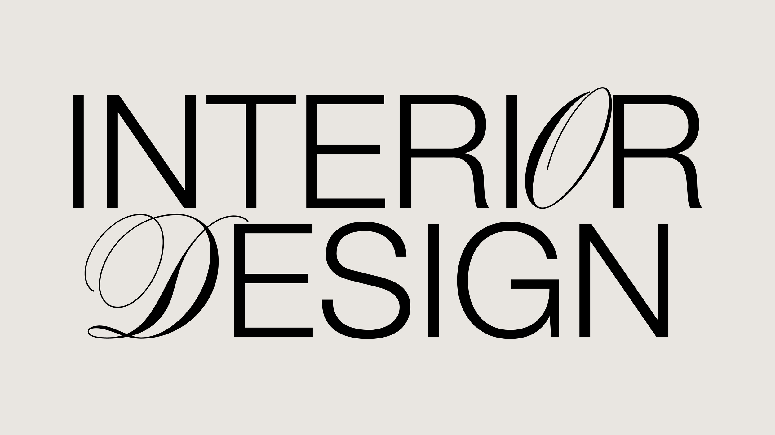 Black text reading 'Interior Design' on a light beige background, with some letters stylized in a script font.