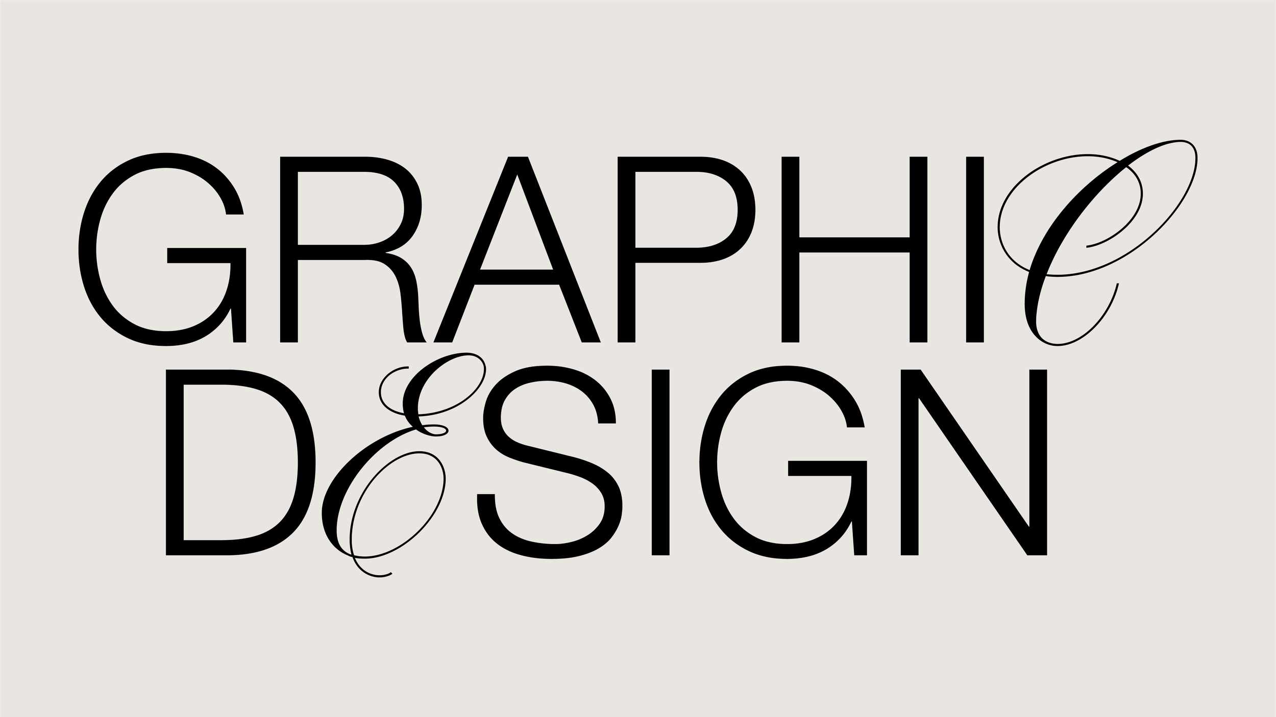 Graphic design text with the words "GRAPHIC DESIGN" in bold black uppercase letters on a light gray background, with elegant decorative swirls around the letters "G" and "E."
