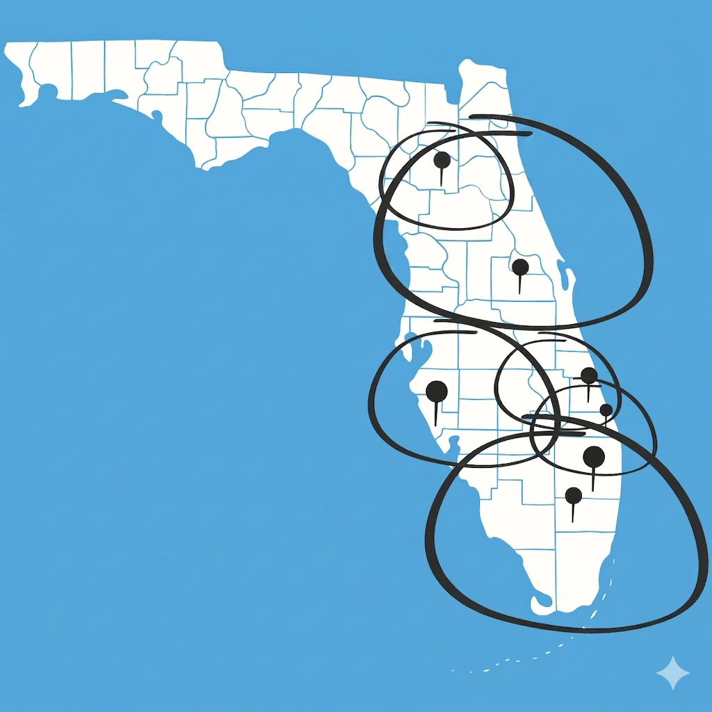 Map of Florida with several black dots connected by black circles indicating locations.