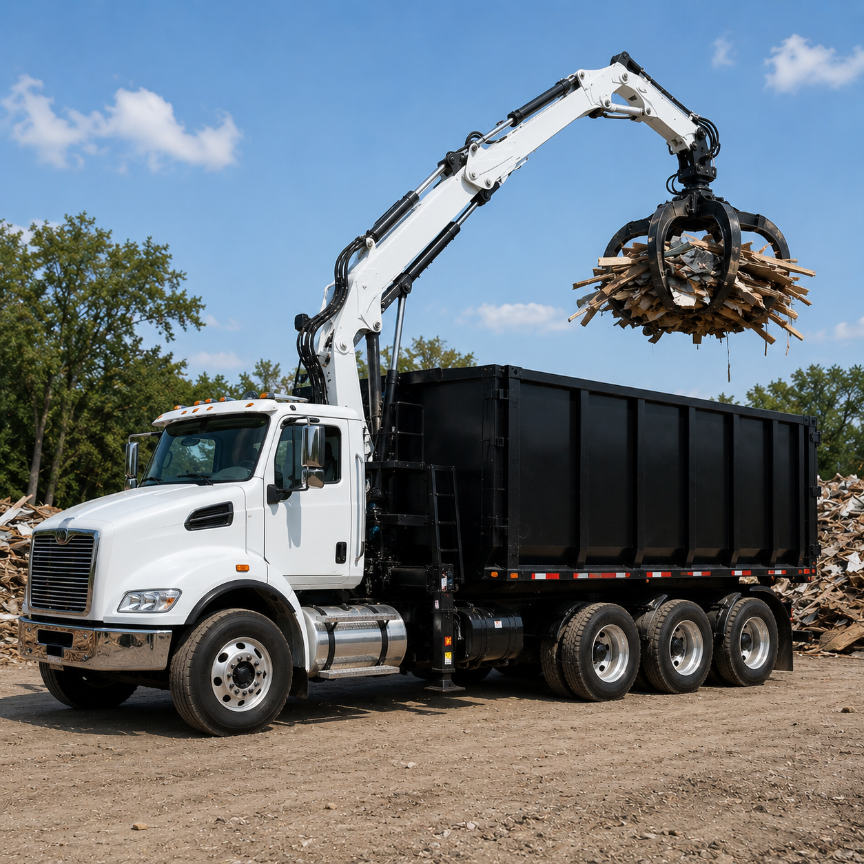 A white garbage truck with a mechanical arm lifting a large bundle of cardboard and paper debris into a black recycling container. The scene takes place outdoors on a dirt surface on a sunny day with blue skies and some trees in the background.