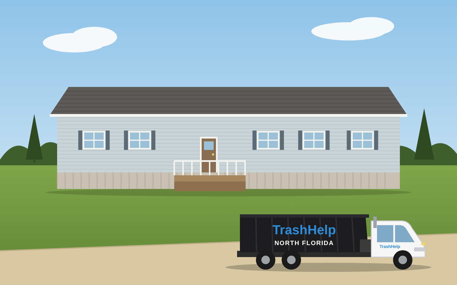 image of double wide mobile home with trashhelp truck parked in front